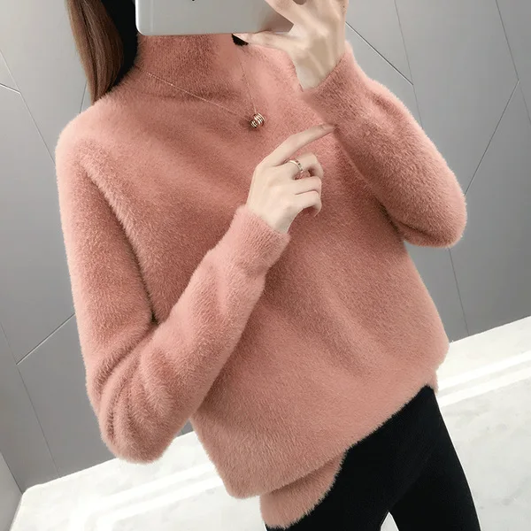 2024 Autumn And Winter New Semi High Neck Base Imitation Mink Fur Pullover Knitted Ins Warm Sweater For Women