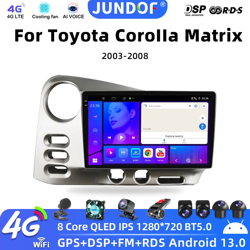 

JUNDOF 2 Din Android 13 Auto Radio For Toyota Matrix E130 2002-2006 Car Stereo Carplay Multimedia Player Navigation GPS 2Din DVD