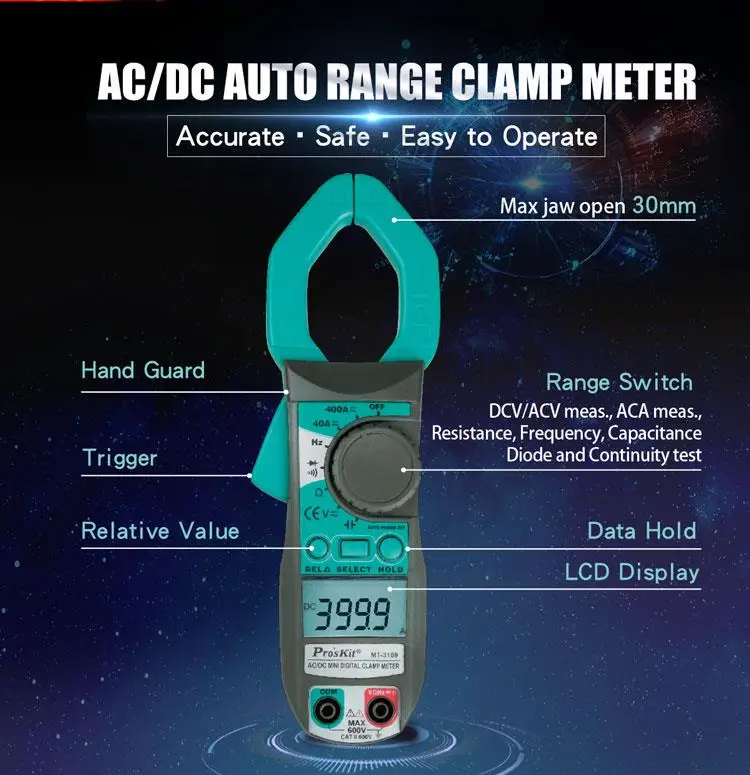 Pro'sKit MT-3102/MT-3109 Mini Digital Clamp Meter AC current 2A. Temperature measurement 0.8% best accuracy Auto range