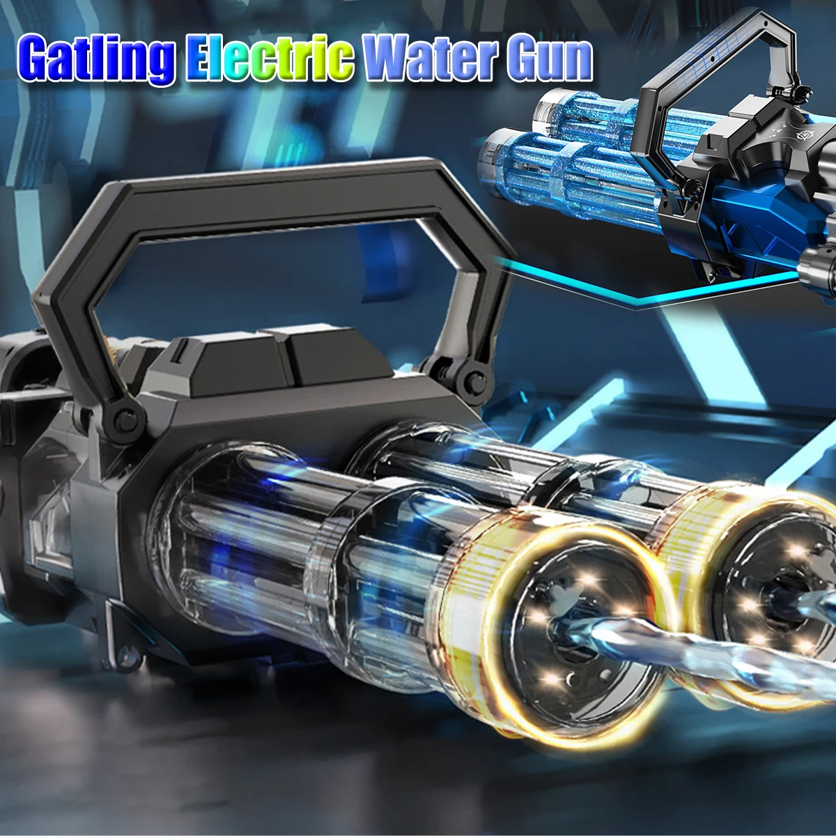 Gatling Electric Water Gun Large Capacity Double-Tube High Pressure Luminous Children's Toy Gun Outdoor Game Water Spraying Prop