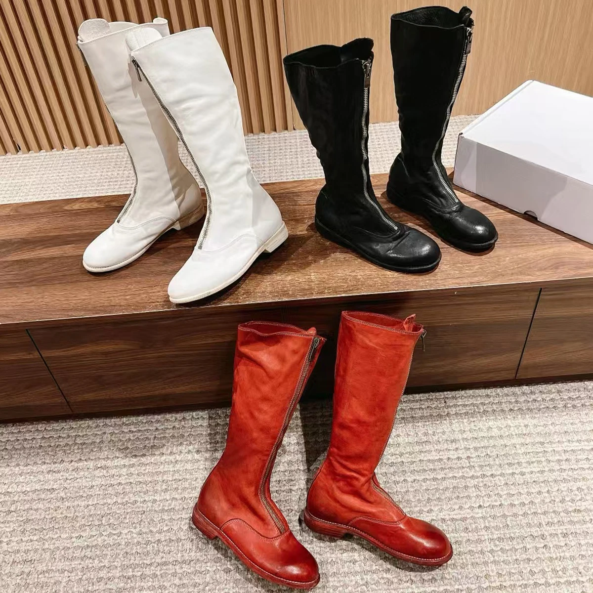 

NIGO Women's Fashion Front Zip Boots Casual Vintage Washed Cowhide Pure Colour Pleated Derby Shoes Heel 2.5cm 410# #NGSH1391