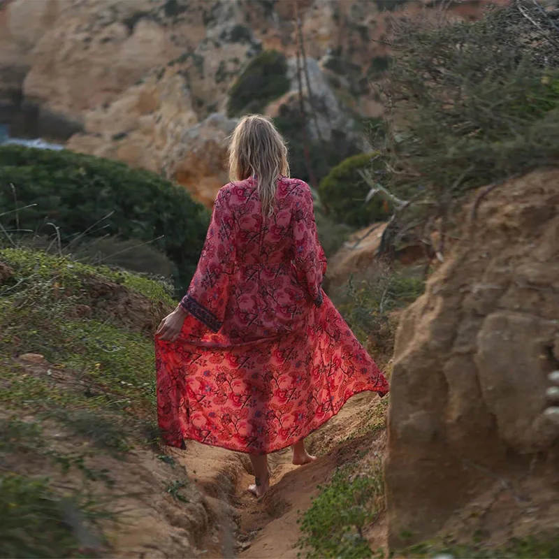 European and American Retro Loose Mid-Length Bohemian Style Printed Kimono Cardigan Summer Beach Vacation Plus Size Cover-Up Bikini Swimsuit Outerwear Tie-Up One-Piece Robe