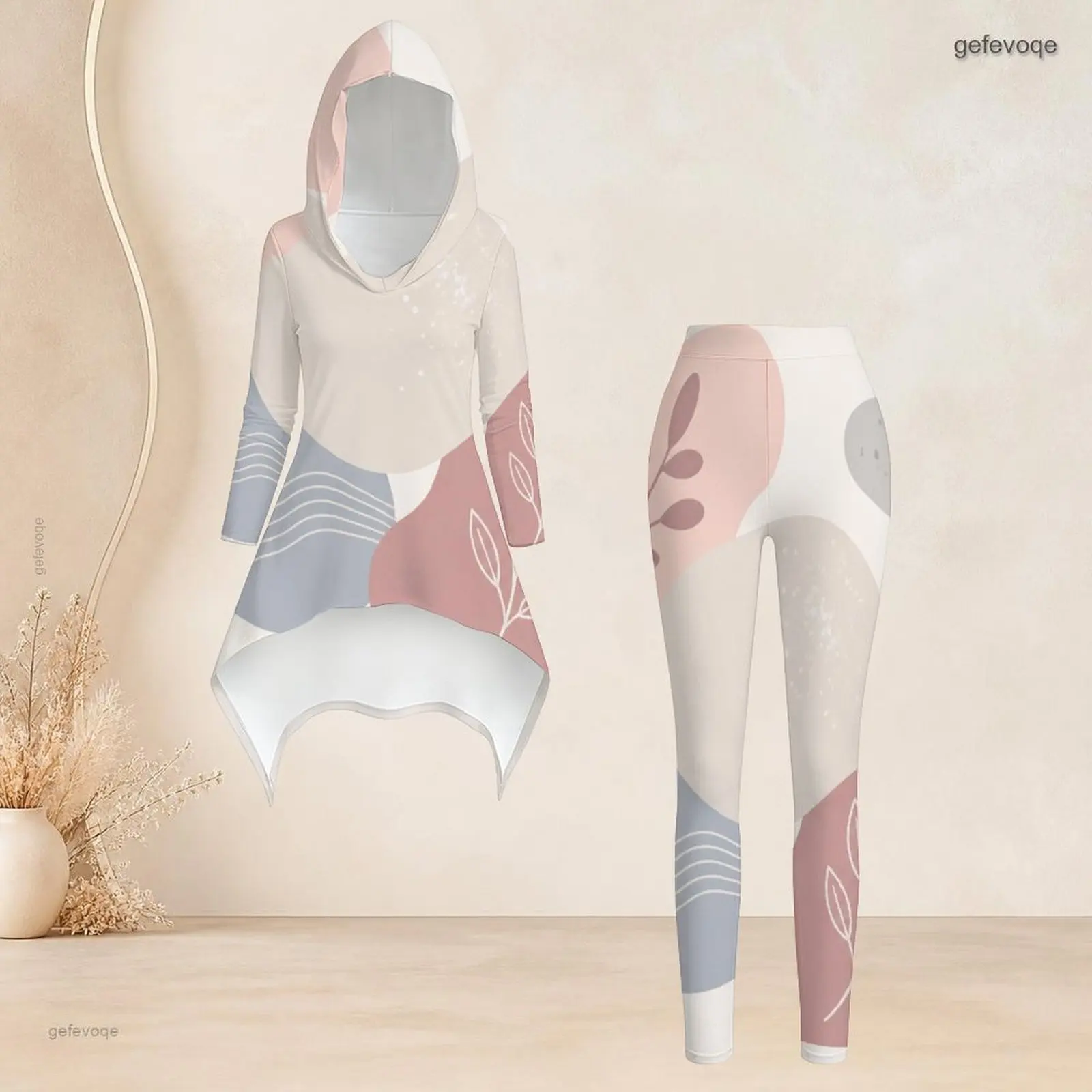 Women Abstract Leaf Print Hooded Long Sleeve Asymmetric Top And Leggings Two Piece Set