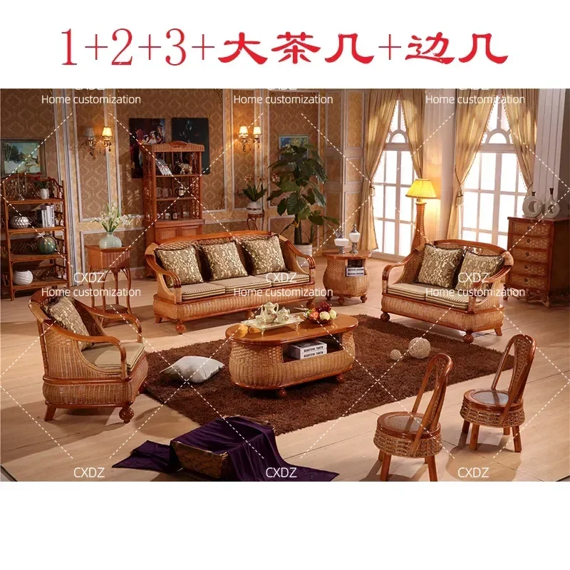 Rattan Sofa Set 5 Piece Living Room Furniture with Coffee Table 3 Seater Wicker Couch for Hotel Engineering Project Outdoor