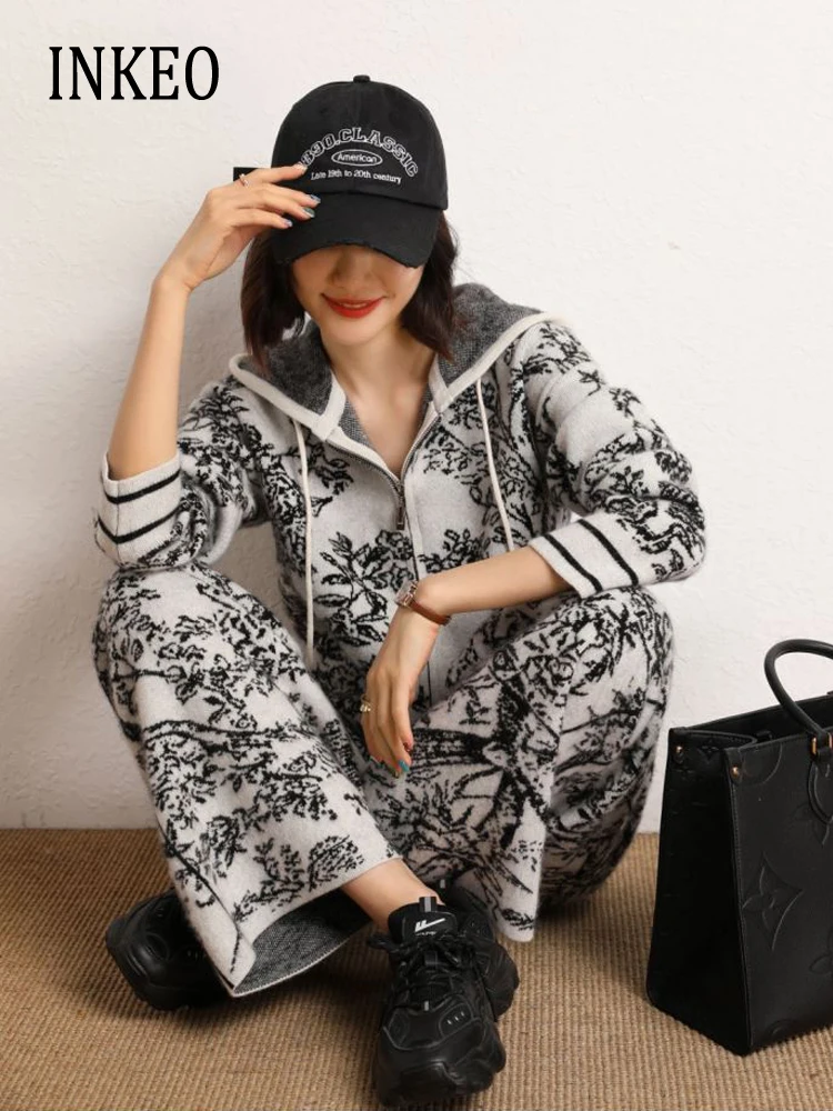 Two Piece Set for women 2023 Fall winter Fashion Floral print Hooded Zip cardigan sweater High Waist Wide Leg Pants INKEO 3O143