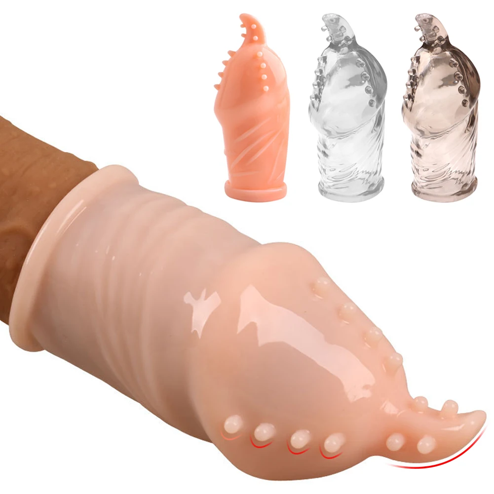 Penis Extension Sleeve Lengthen Reusable Enlargement Condoms Silicone Glans Cover Spike Dick Cock Ring Erection Erotic Sex Toys