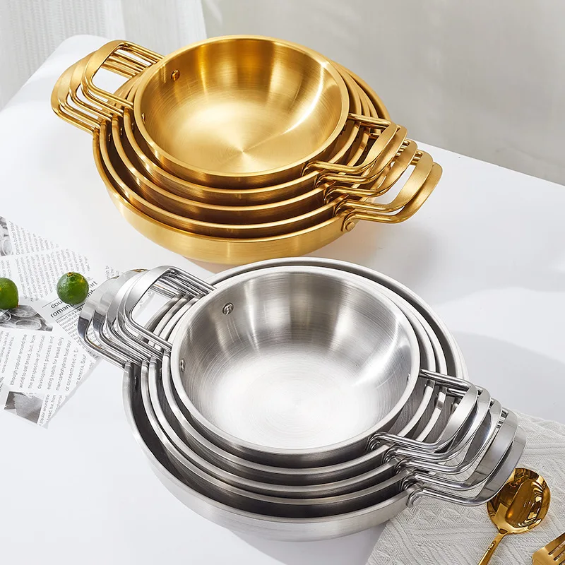 3-teiliges koreanisches goldenes Edelstahl-Nudeltopf-Set mit Doppelgriff, Ramen- und Suppentopf, Mini-Suppentopf für Meeresfrüchte und Instantnudeln