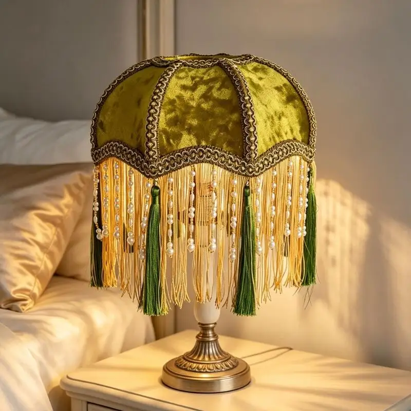 Fabric Fringe Lamp Shade with Beaded Trim, Soft Fabric Light Cover for Bedroom Accent Lighting and Living Room M4YD