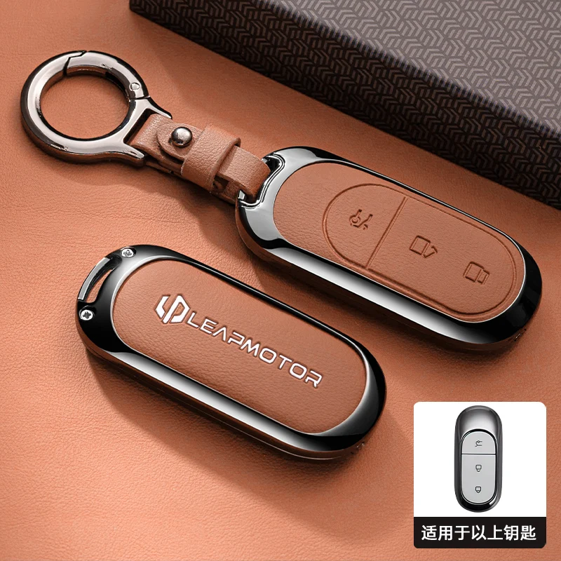 Autozubehör Schlüsselhülle aus Zinklegierung und Leder mit Kette für Leapmotor C16 C11 C10 C01 B10 T03 S01 Schlüsselschutzhülle – Detail 8