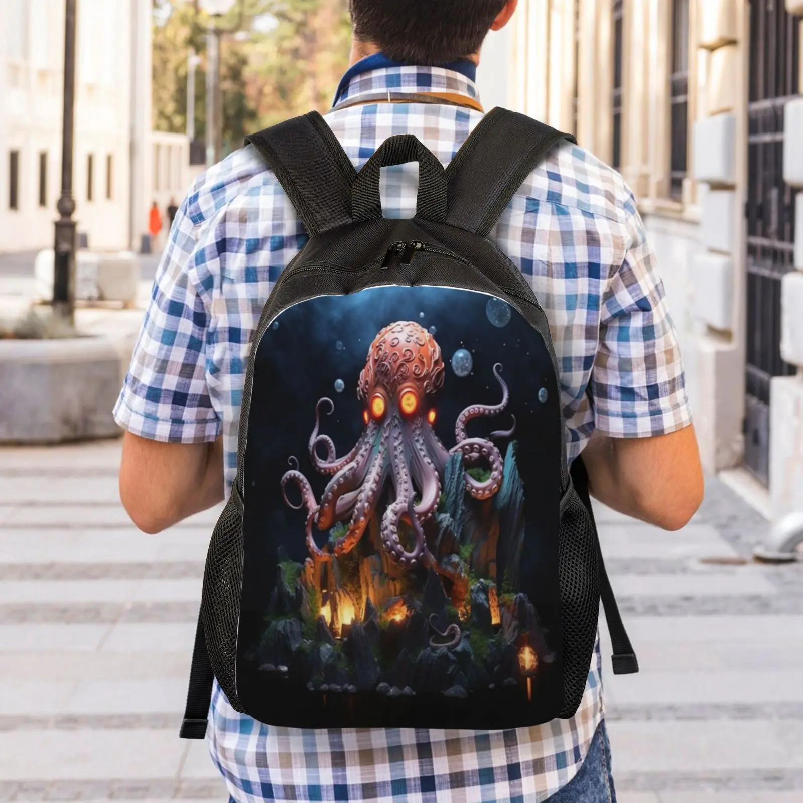 Octopus printed street style men's cool backpack, casual bag, suitable for daily commuting, strolling and outdoor activities