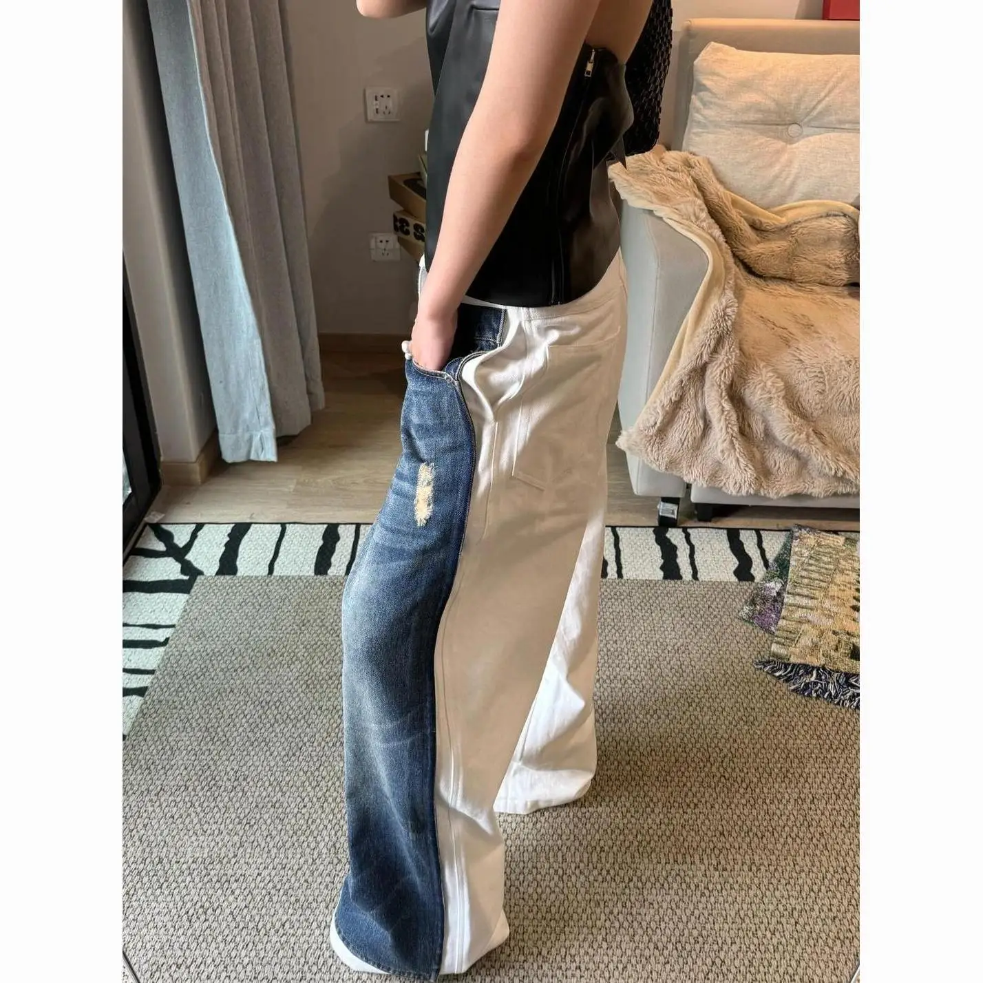 American Large Size Washed Double-layer Splicing Jeans Women's Street Straight Loose Wide-leg Pendant Trousers