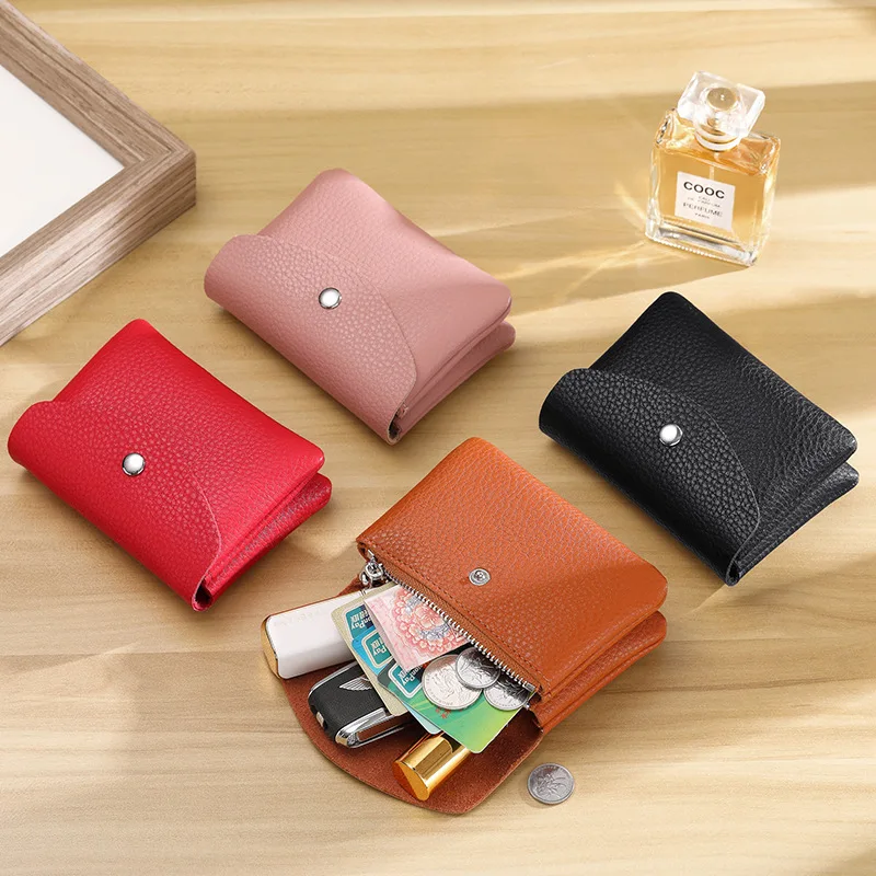 New PU leather Coin Purses Lychee Pattern Zipper Coin wallets Solid Short Card Coin Key Storage Bag Small Purses Coin pouch