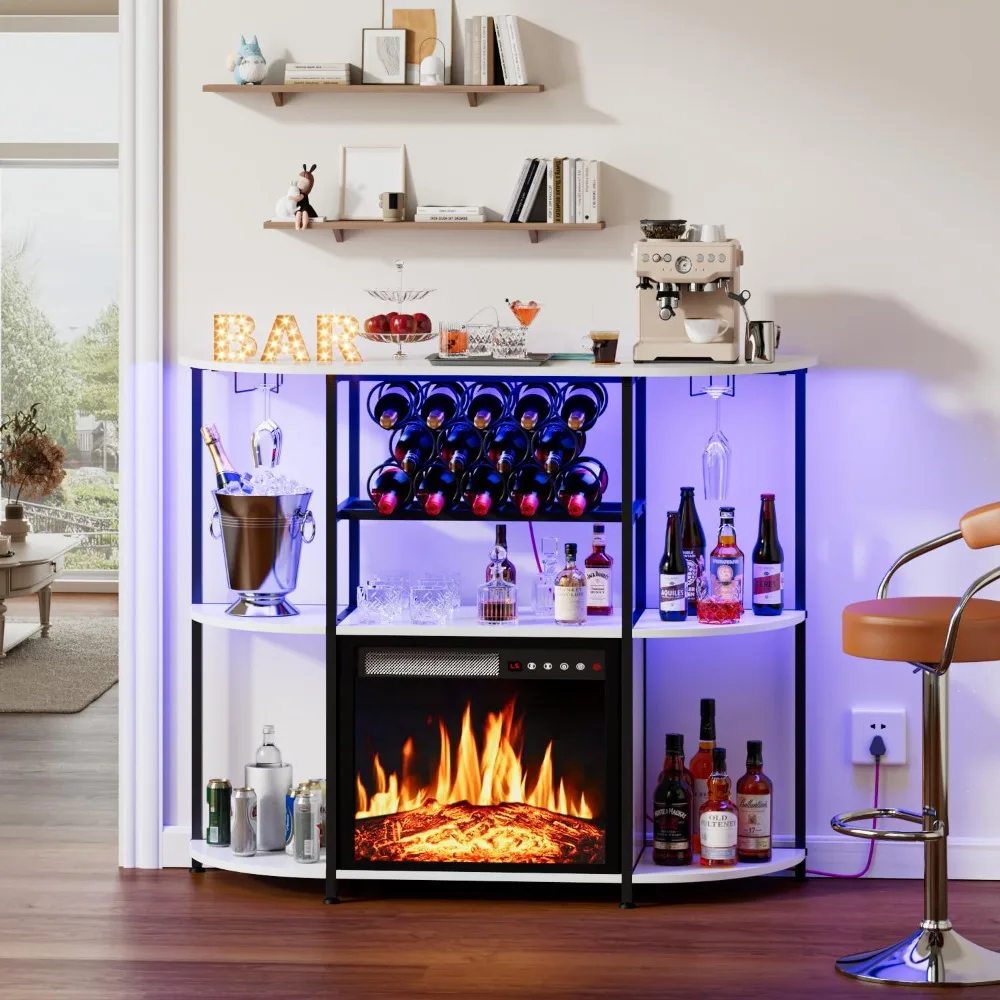 

Wine Bar Cabinet with 18 inch Fireplace Insert, LED Home Bar Cabinet for Liquor with Power Outlet 4-Tier Storage,