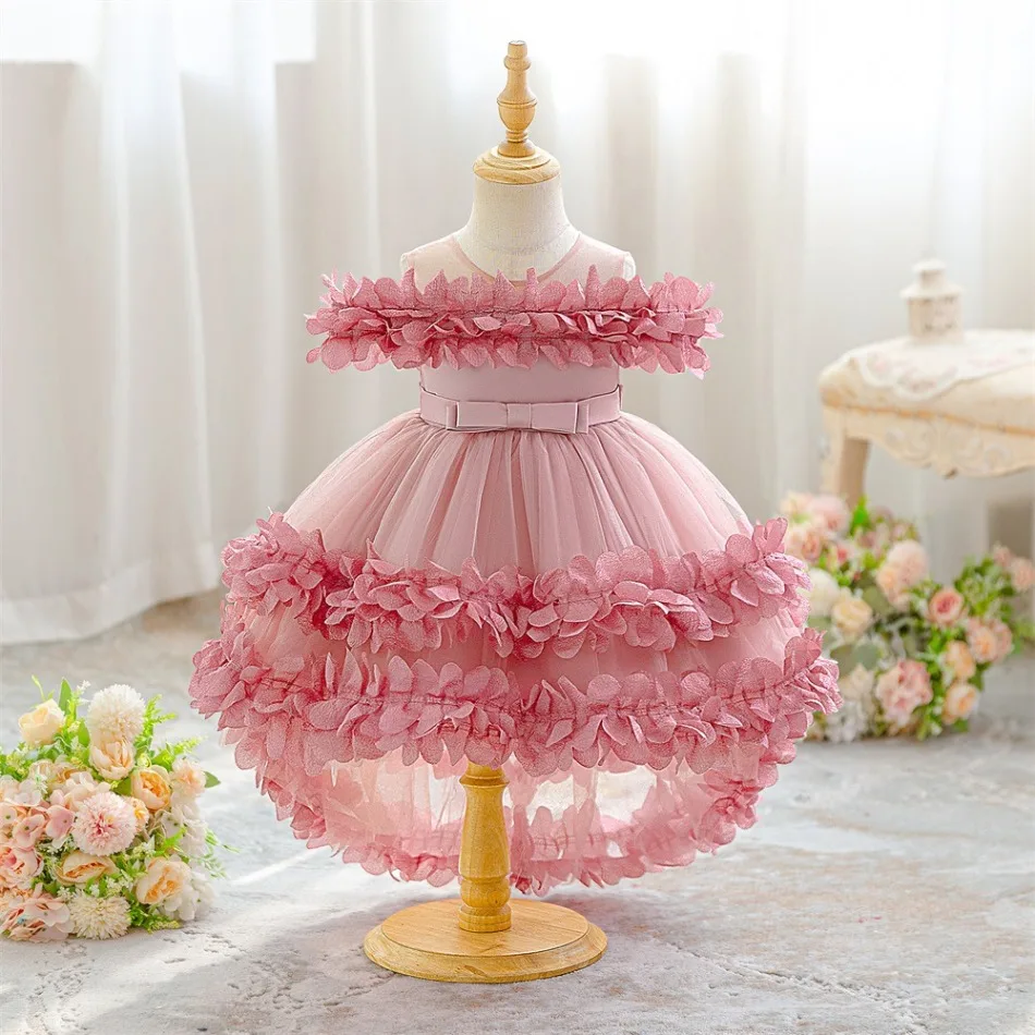 Infant Baby Dovetail Skirt Baby Year Old One-word Shoulder Flower Trailing Skirt Girls 1st Birthday Party Catwalk Dress ASQ03