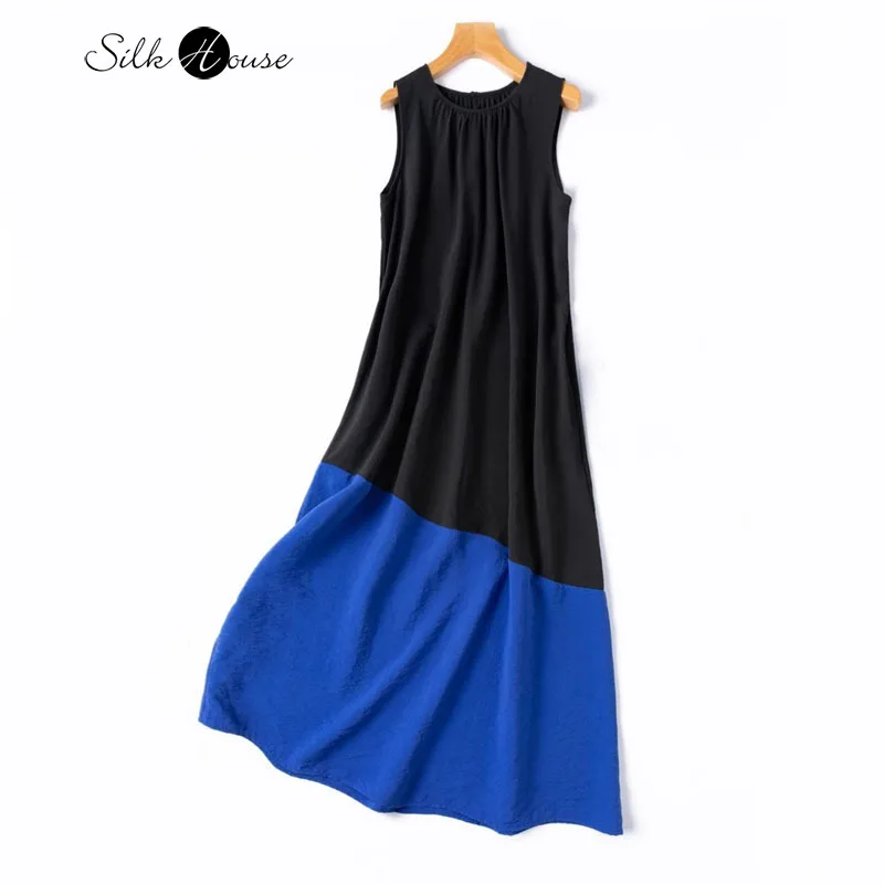 

Literary Style Elegant Cool and Contrasting 76% Natural Mulberry Silk Dry Silk Women's Contrast Color Round Neck Vest Dress