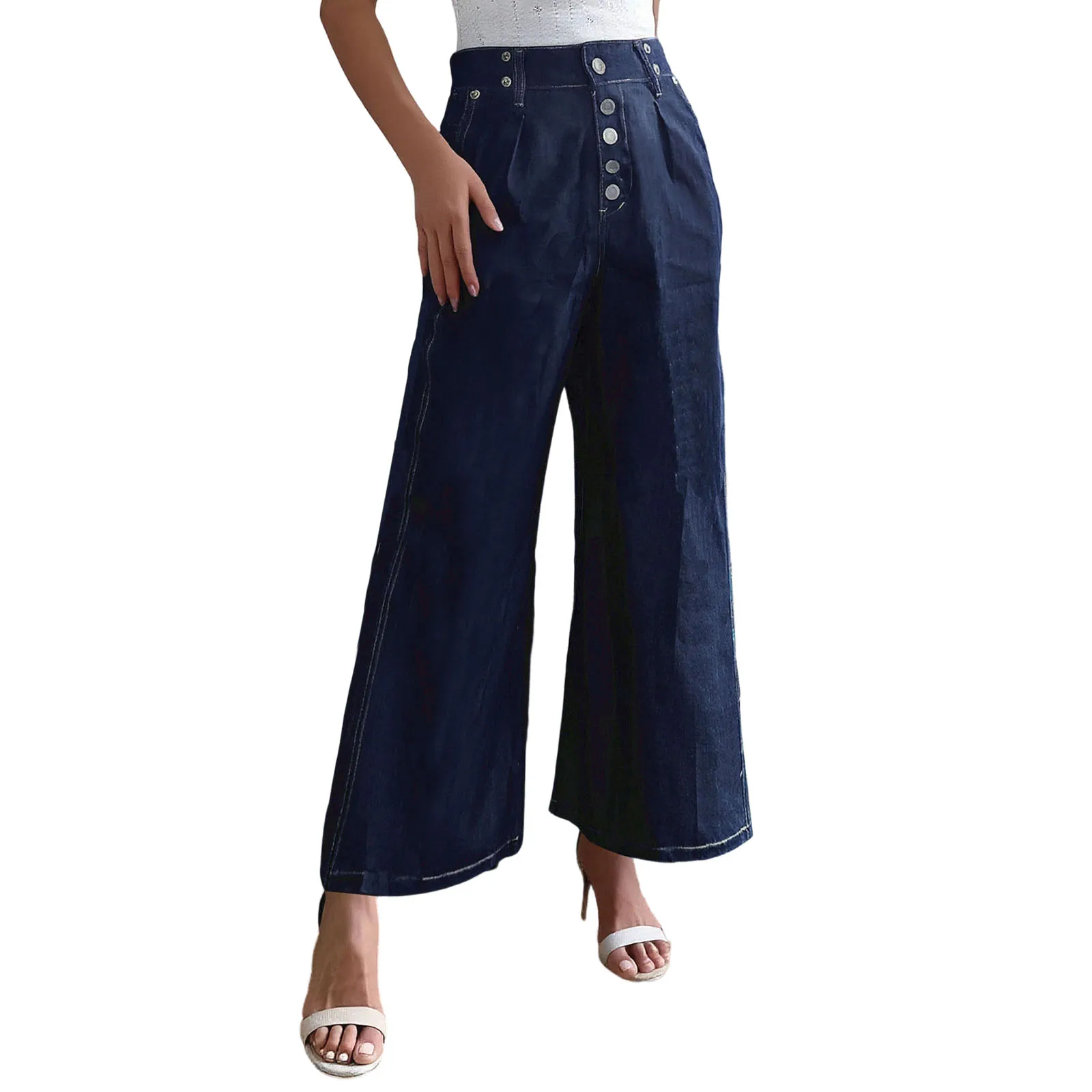 Damskie szerokie jeansy modne, codzienne, jednolite, luźne, o średnim stanie, spodnie dżinsowe z kieszeniami.