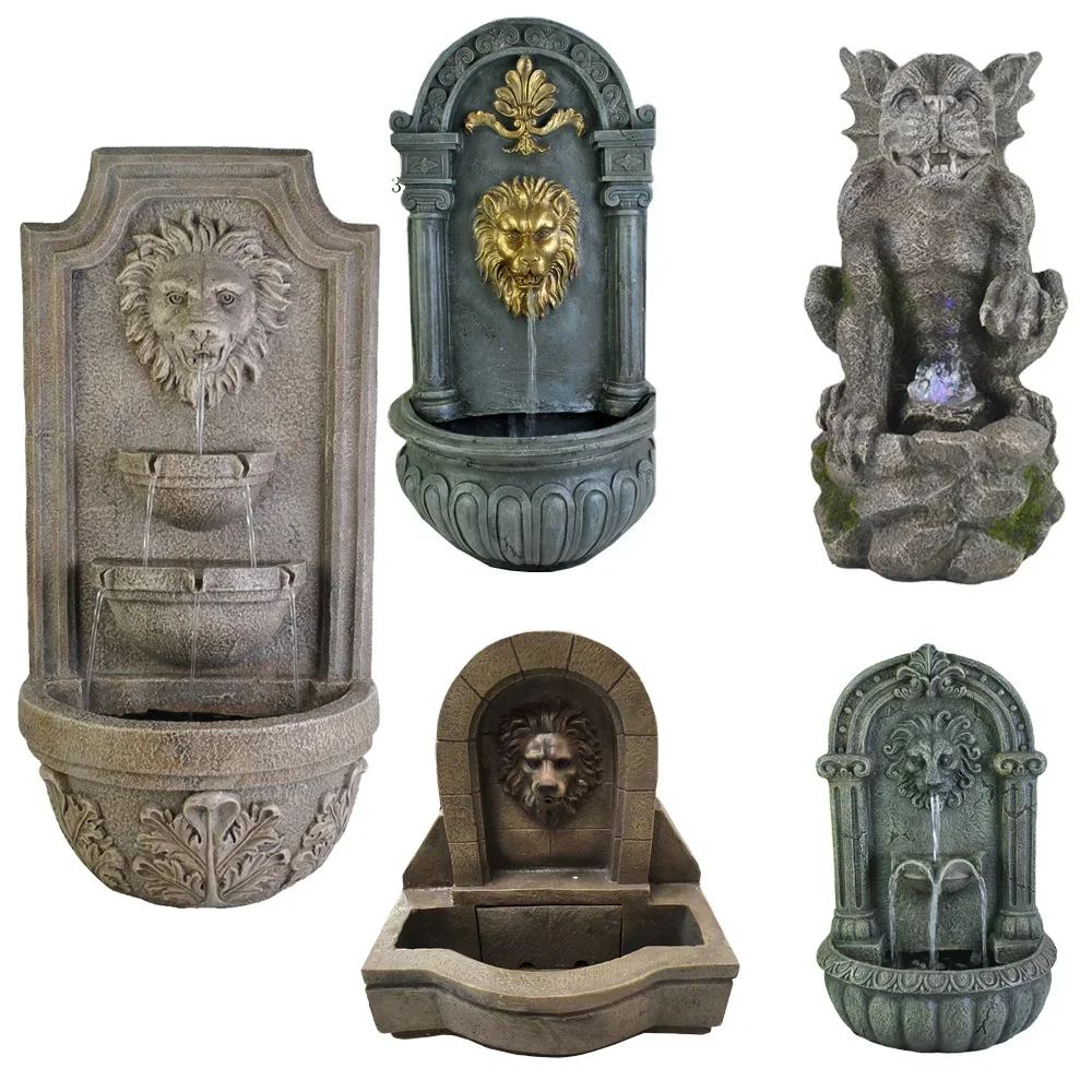 Lion Head Feature Wall Mounted Water Fountain Bird Bath Verdigris Sandstone Finish Outdoor Wall Fountain Waterfall