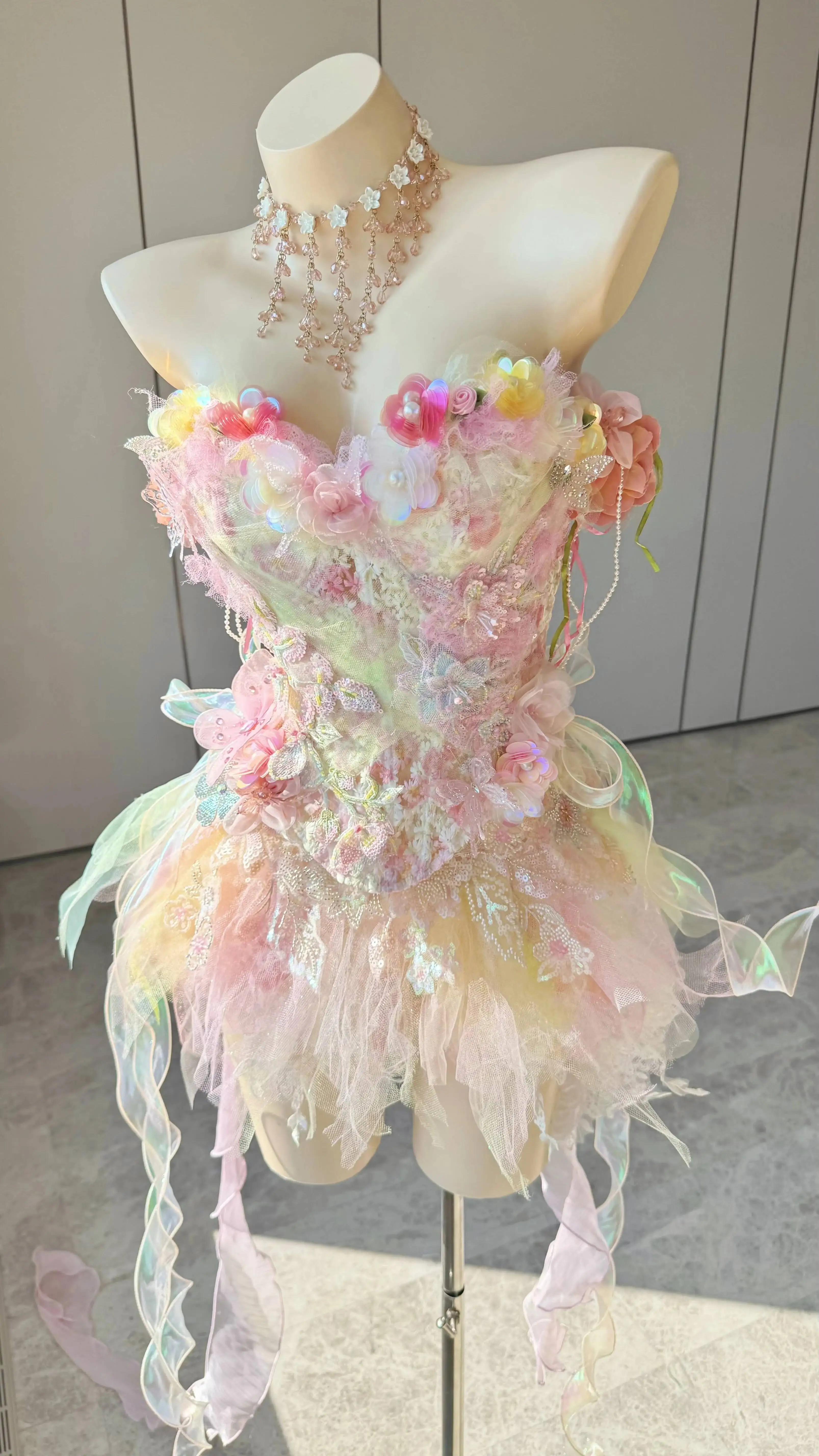 ZIWU Design Small-scale Design-inspired Rainbow Flower Fairy Crop Top, Floral Mesh Super Short Half-length Skirt For Vacation