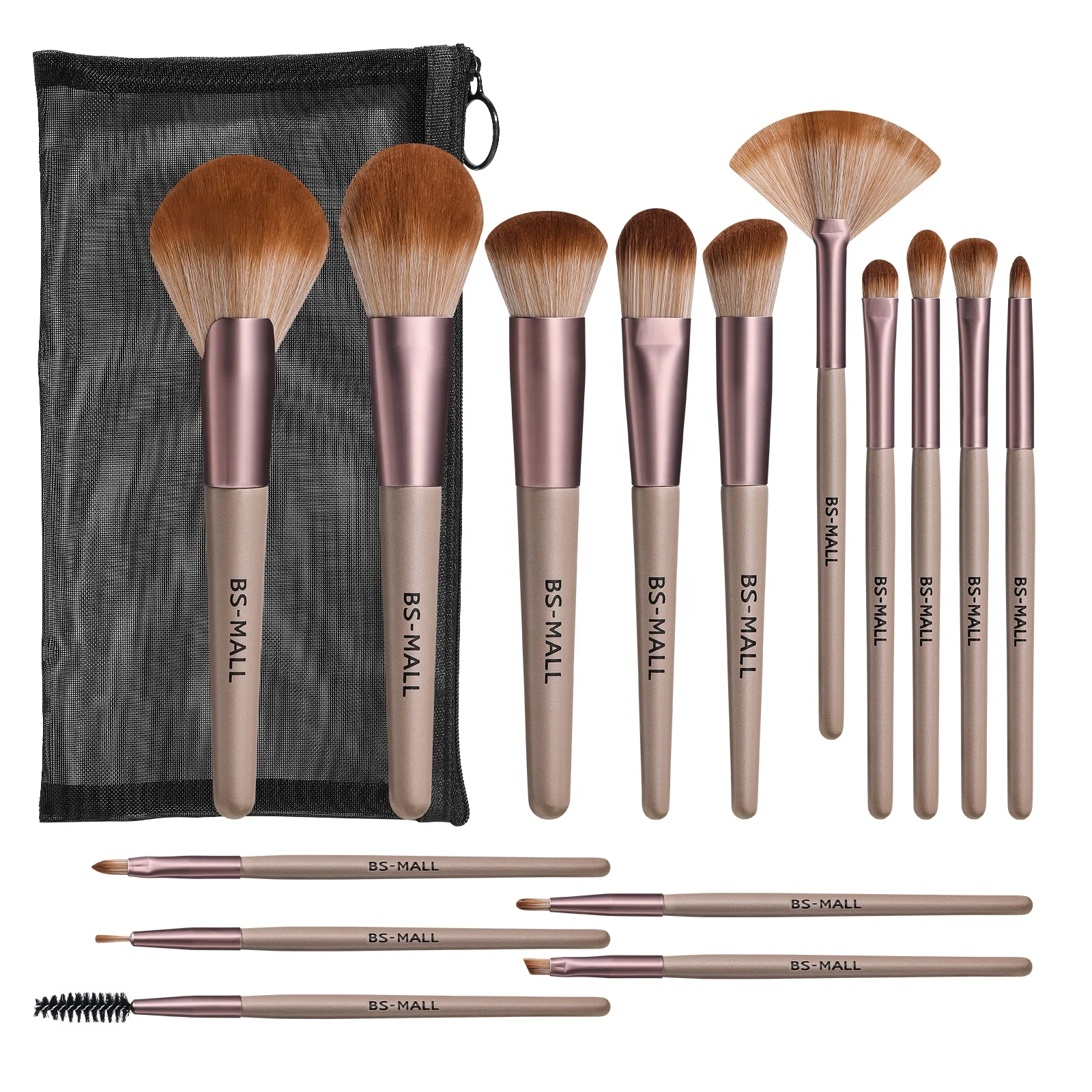 

# Hot Sales BS-MALL 2024 New Brown Makeup Brushes 15 Piece Wholesale Private Label Makeup Brush Set Zipper Brush Bag