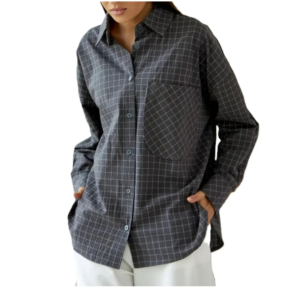 Women's Lapel Loose Button Cardigan Shirt Checkered Striped Long Sleeved Tops Suitable For Spring And Autumn