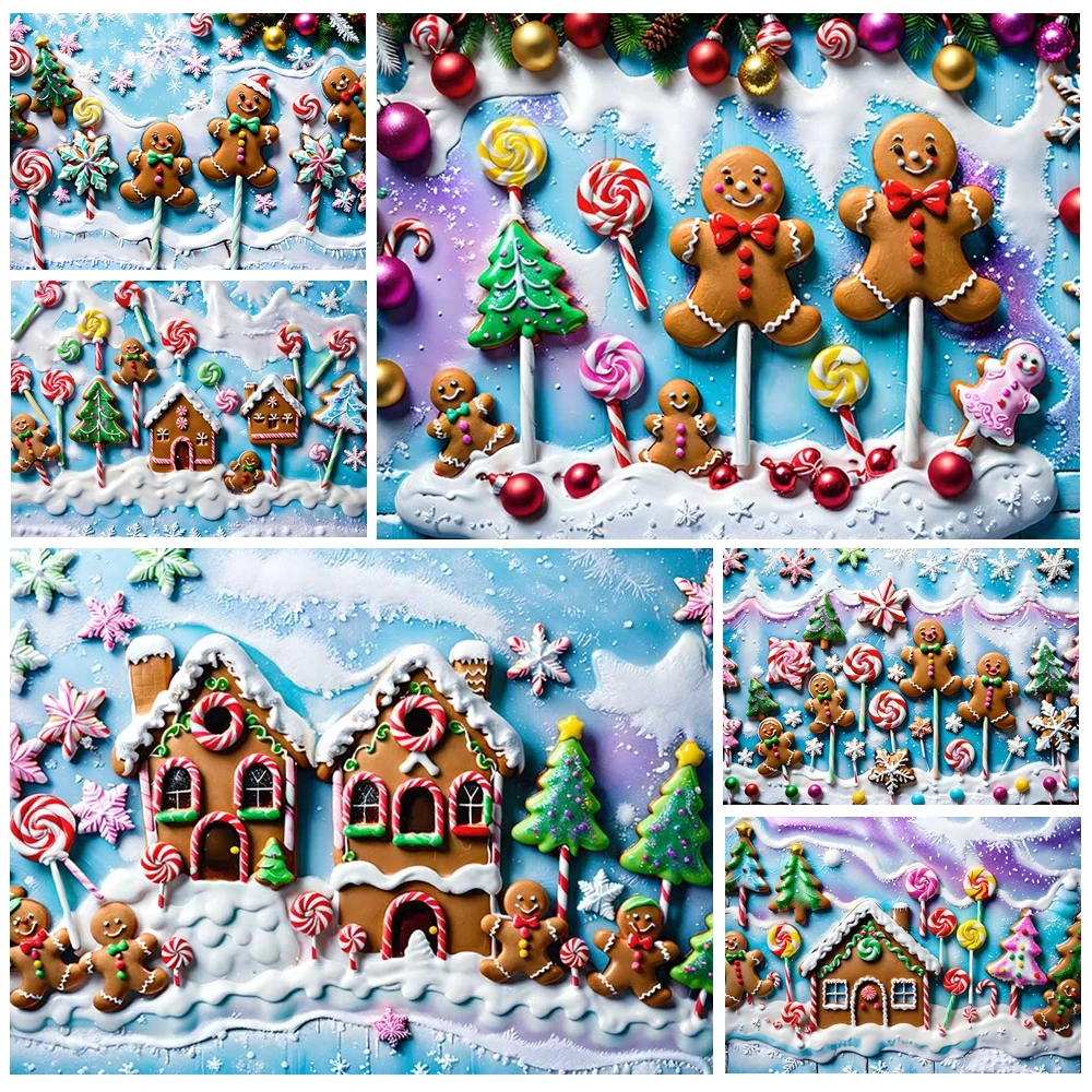 

MOON.QG Christmas New Year Gingerbread Backdrop Lollipop Candy Cane House Backgrounds Photography Baby Shark Props Photo Wall
