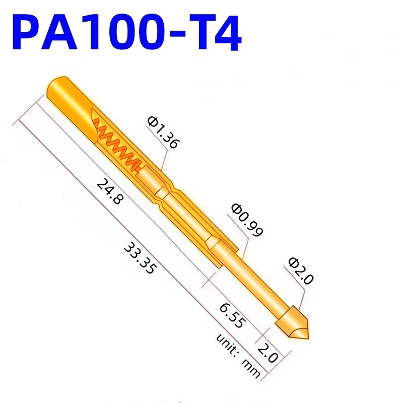 100PCS PA100-T4 Spring Test Probe PA100-T Test Pin P100-T P100-T4 Test Tool 33.35mm 1.36mm Needle Gold Tip Dia 2.0mm Pogo Pin