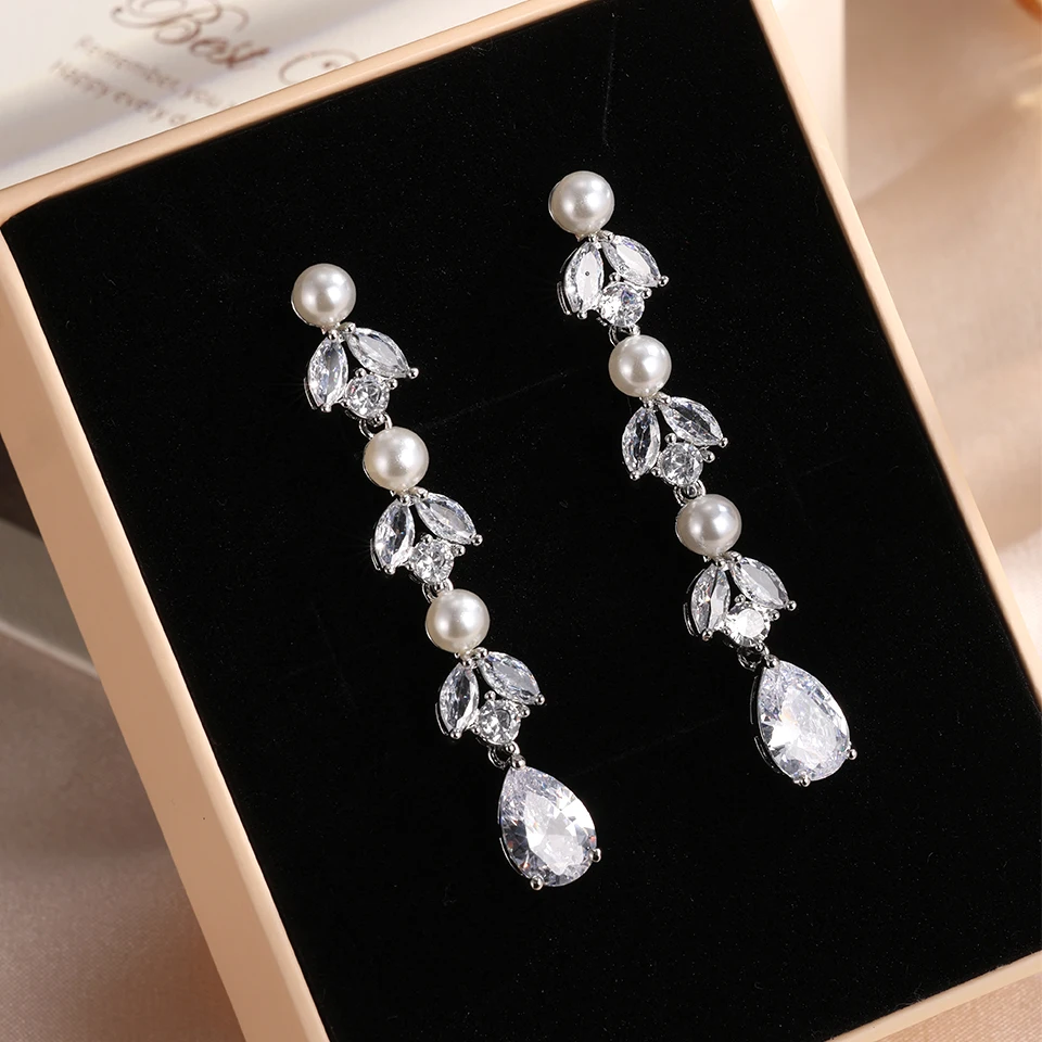 ZAKOL Neue Luxus Zirkonia Perle Lange Baumeln Ohrringe für Frauen Hochwertige Kupfer Metall Hochzeit Braut Schmuck