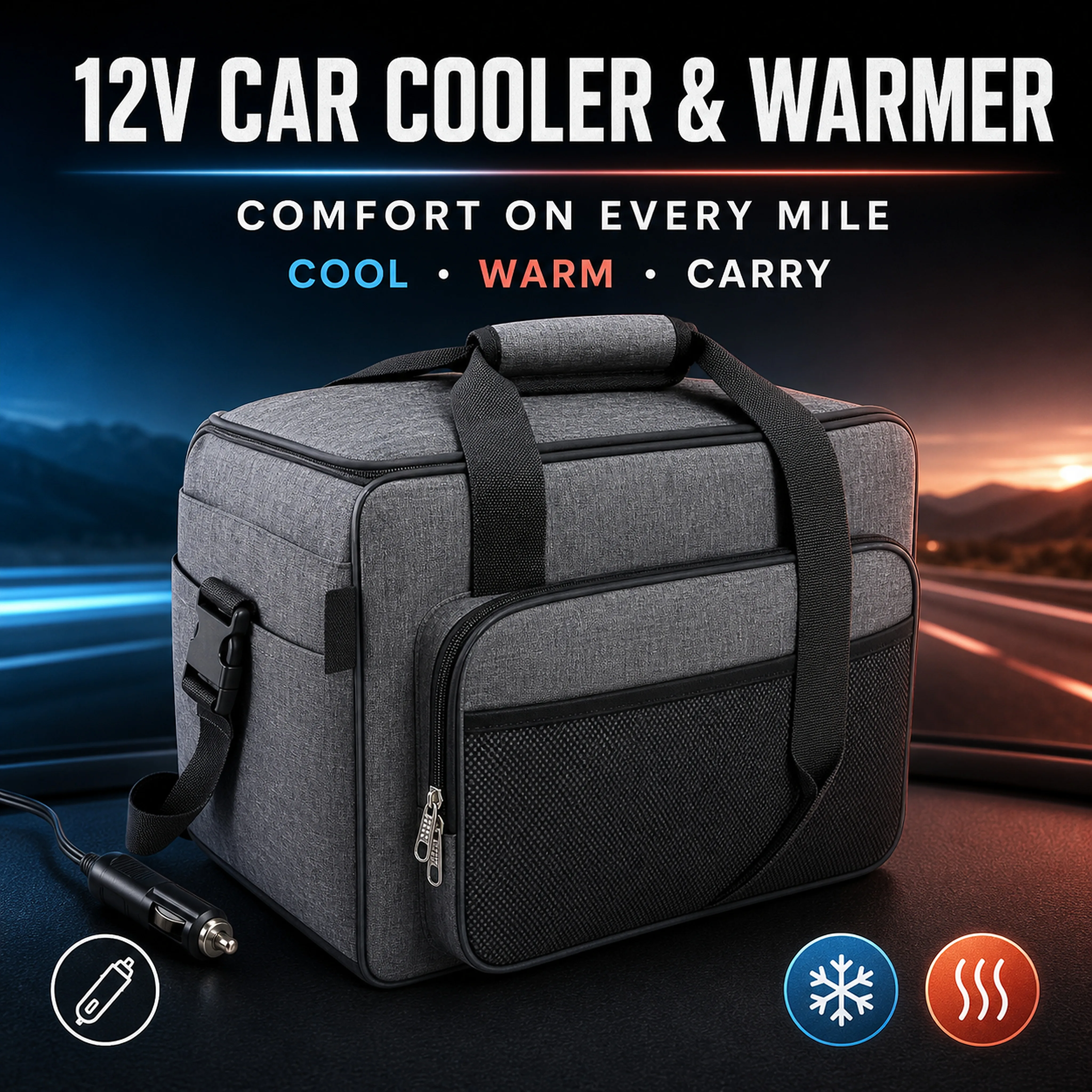 12V Car Cooler Warmer Bag, Portable Electric Insulated Food Storage Tote with Shoulder Strap for Road Trips, Camping and Picnic