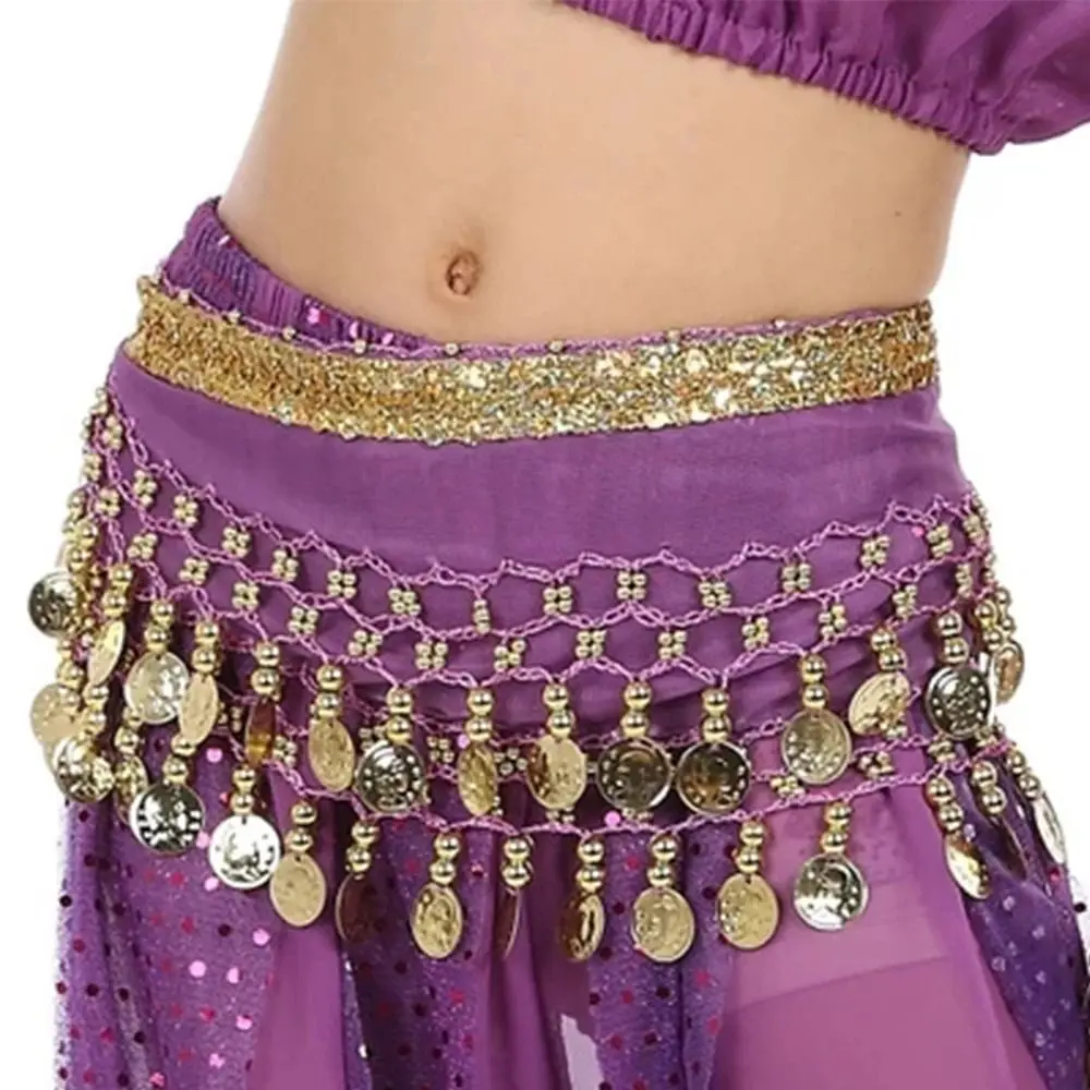 Nuovi bambini Monete in metallo Catena in vita Moda Bambino Danza del ventre Sciarpa dell'anca Costumi di prestazione in chiffon Catena per cintura in vita Dacning