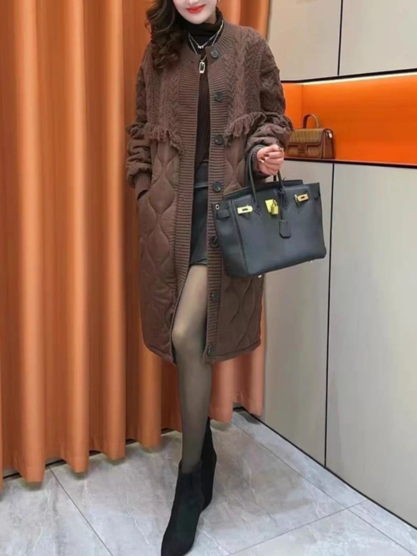 

Women's Knitted Cotton Jaet Coat Loose Fit Medium Length Splicing Design Autumn Winter New Sle Faionable Slimming Coat