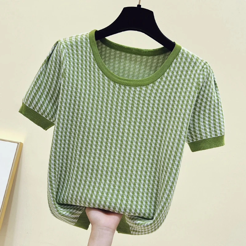 Rainbow Plaid Stylish Fashion Sweater Pullover Women Knitted Tshirt Tees 2023 Summer Embroidered Short Sleeve O-neck Loose Tops