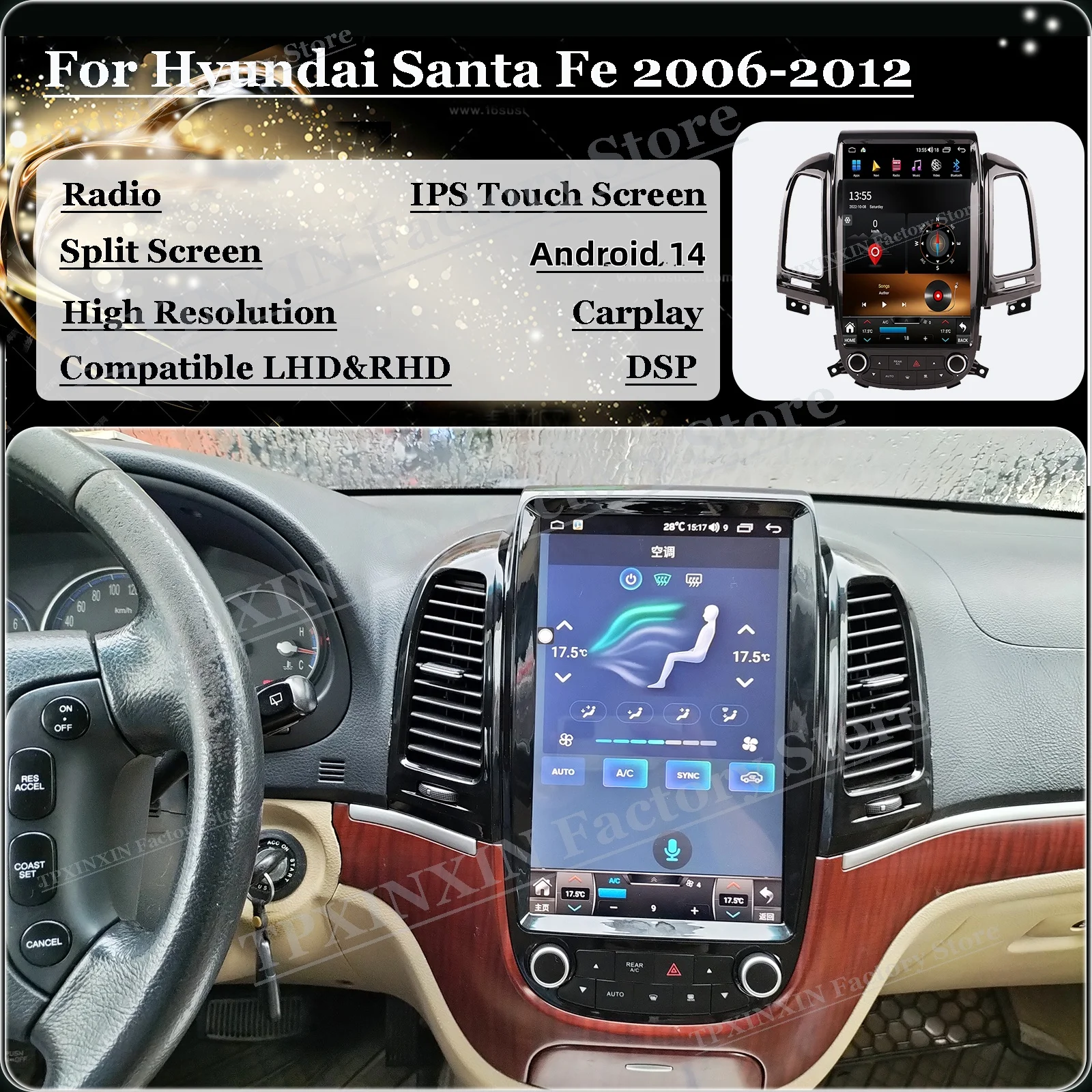 

12+256GB Radio Coche With BT 5.0 Android 14 For Hyundai Santa Fe 2006 2007 2008 2009 2010 2011 2012 GPS Automotive Multimedia