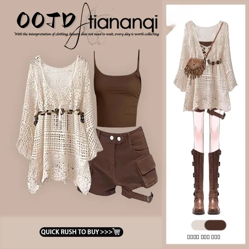 

Fashionable Hollow out Cover up Three Piece Set High Waist Shorts Casual Versatile Women's Autumn Wear High Waist Shorts