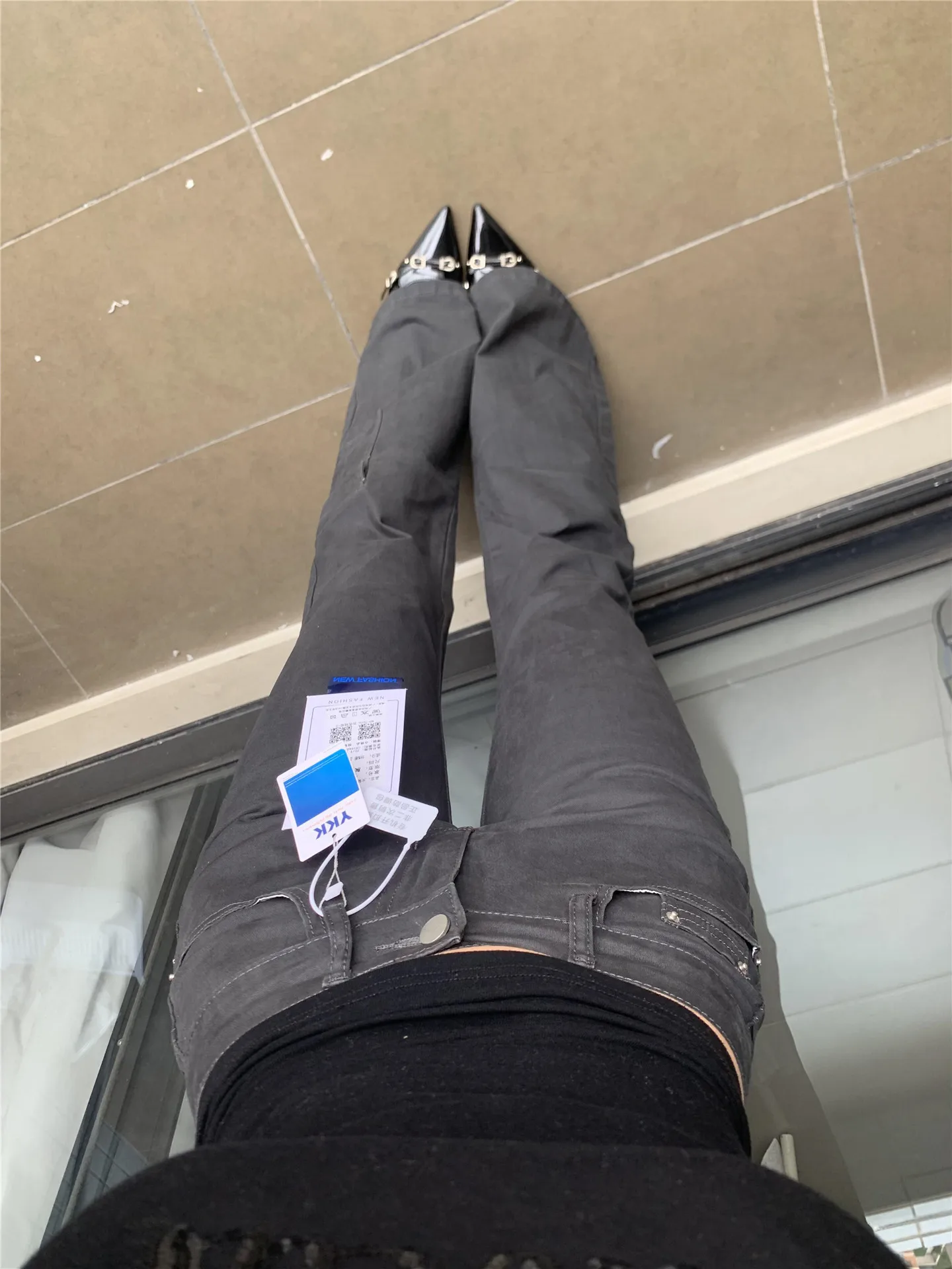 

American Style Vintage Smoked Grey Low Waist Workwear Jeans Women Slimming Tall Extended Length Flared Pants Casual Cotton