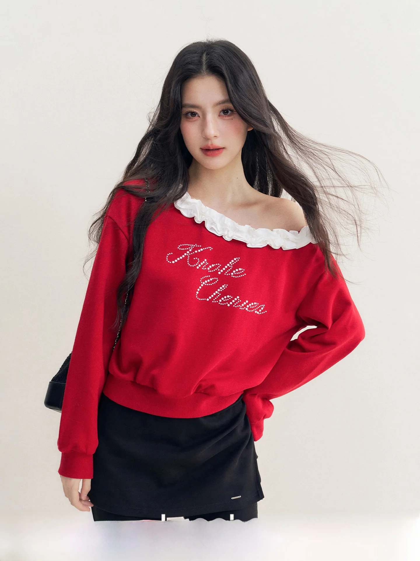 

Kroche Lazy Heavy Du Bead Cotton Sweatirt ort Loose oulder Slant Korean Sle Long Sve Color Streetwear