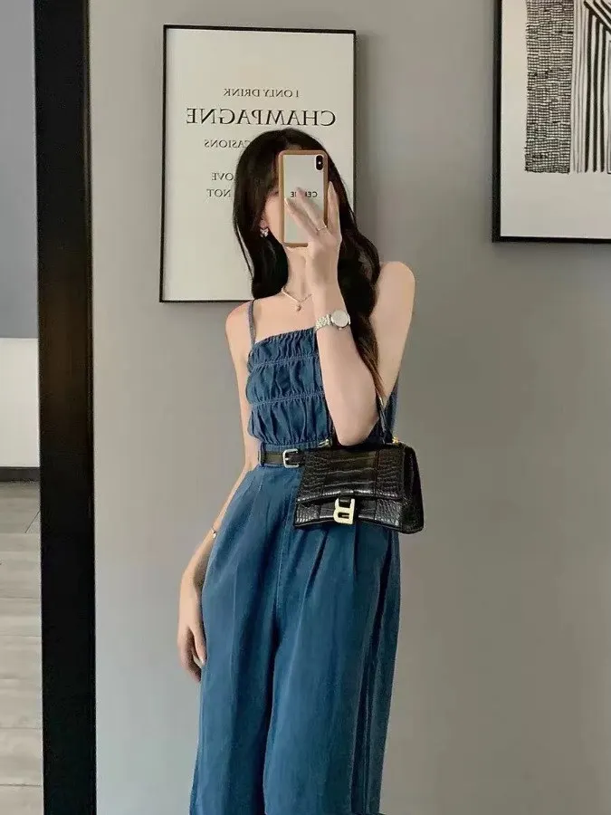 

High Waist Denim Overalls Women's Loose Slimming Wide Leg Pants Straight Long Trousers Summer New Sle Blue Thin Denim