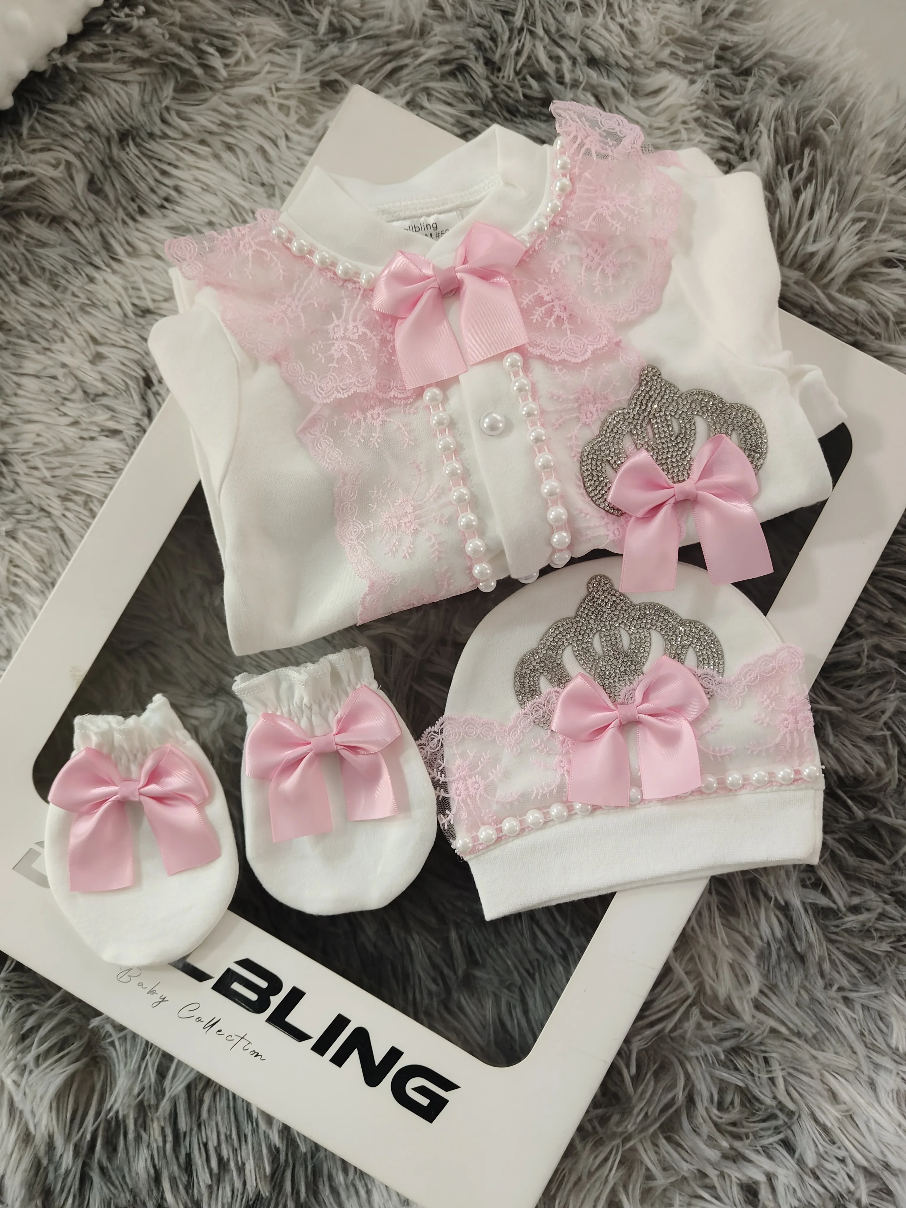 

Newborn Baby Girl Coming Home Outfit Pink Lace Bow Footed Jumpsuit Set with Hat Mittens Soft Cozy Must Have