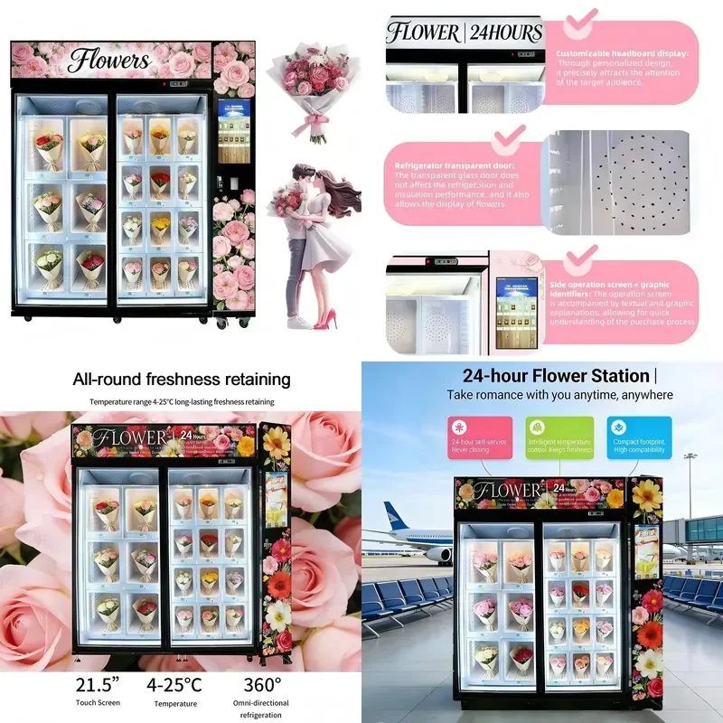 for Superfun 24h Self Service Automatic Flower Vending Machine Card Payment Refrigerated Bouquet Cabinet 300 600 Capacity