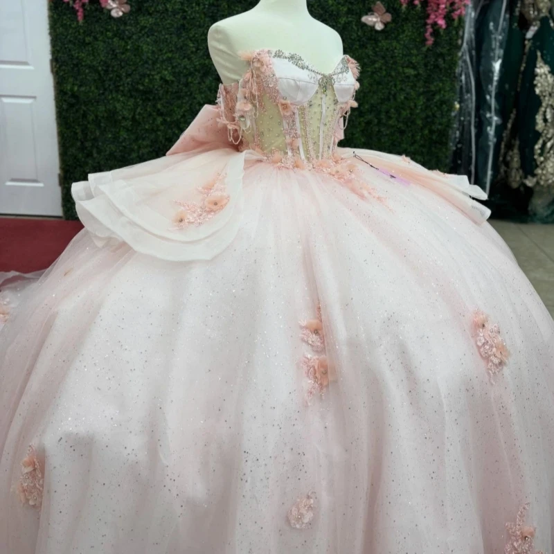

Pink Shiny Quinceanera Dresses Off The Shoulder Applique Flower Beads Bow Tull Corset Party Birthday Sweet 16 Dres Vestidos 15