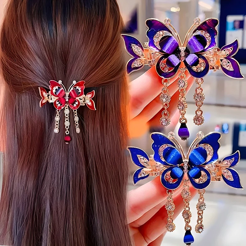 Pinza para el pelo de mariposa de cristal a la moda para mujer, diamantes de imitación coloridos, elegante accesorio para el cabello con borlas para chica Kawaii, diadema con pinza para el pelo