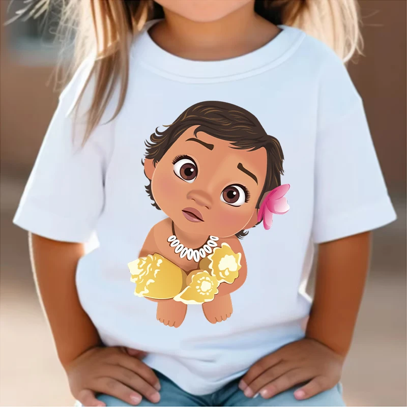 T-Shirt à Manches Courtes en Pur Coton Blanc pour Fille, Vêtement Mignon, à la Mode, Dessin Animé Disney Moana 2