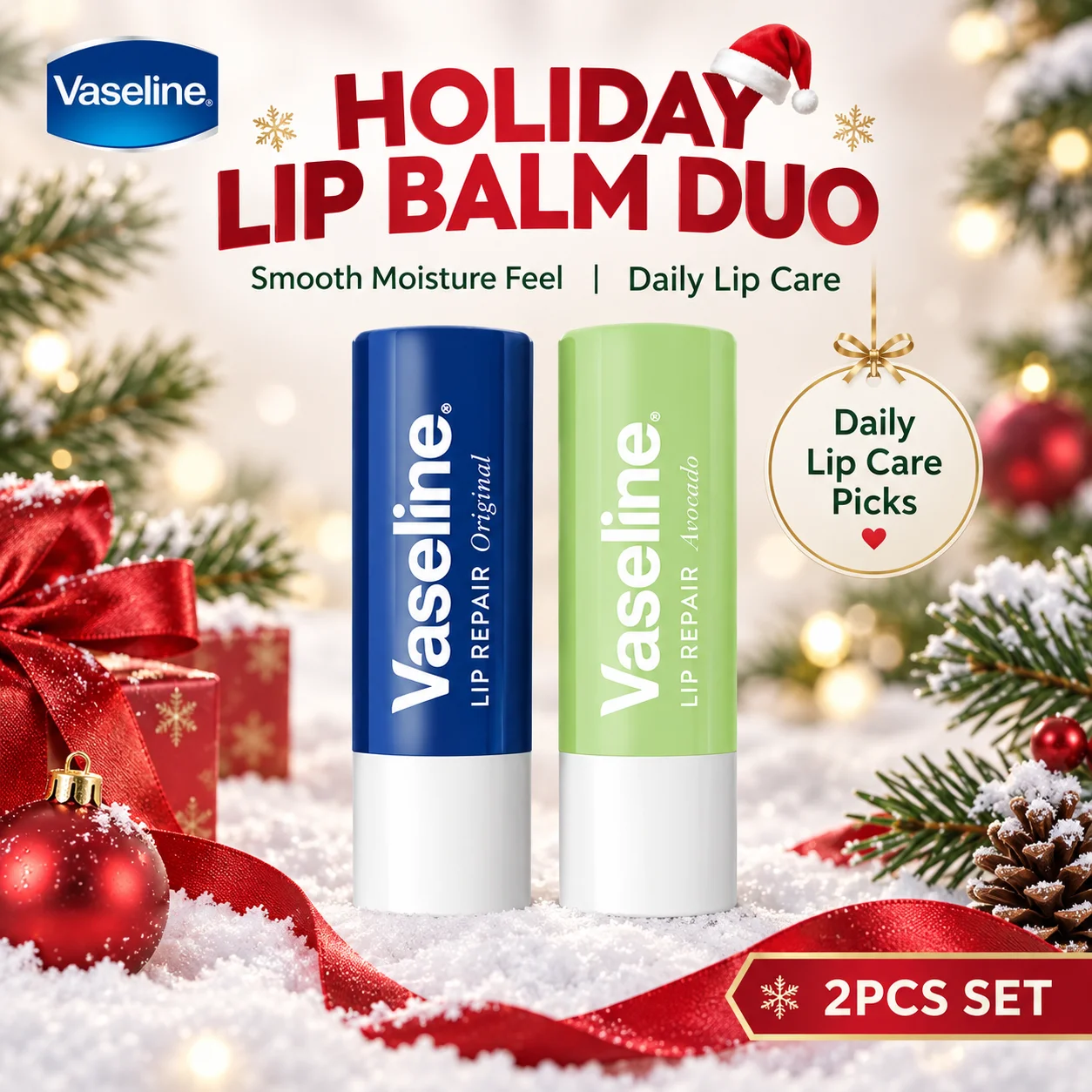 Vaseline Lip Repair Lip Balm Duo 2PCS 3.5g Original & Avocado Squalane Hyaluronic Acid Lip Moisturizer Christmas Lip Care Gift