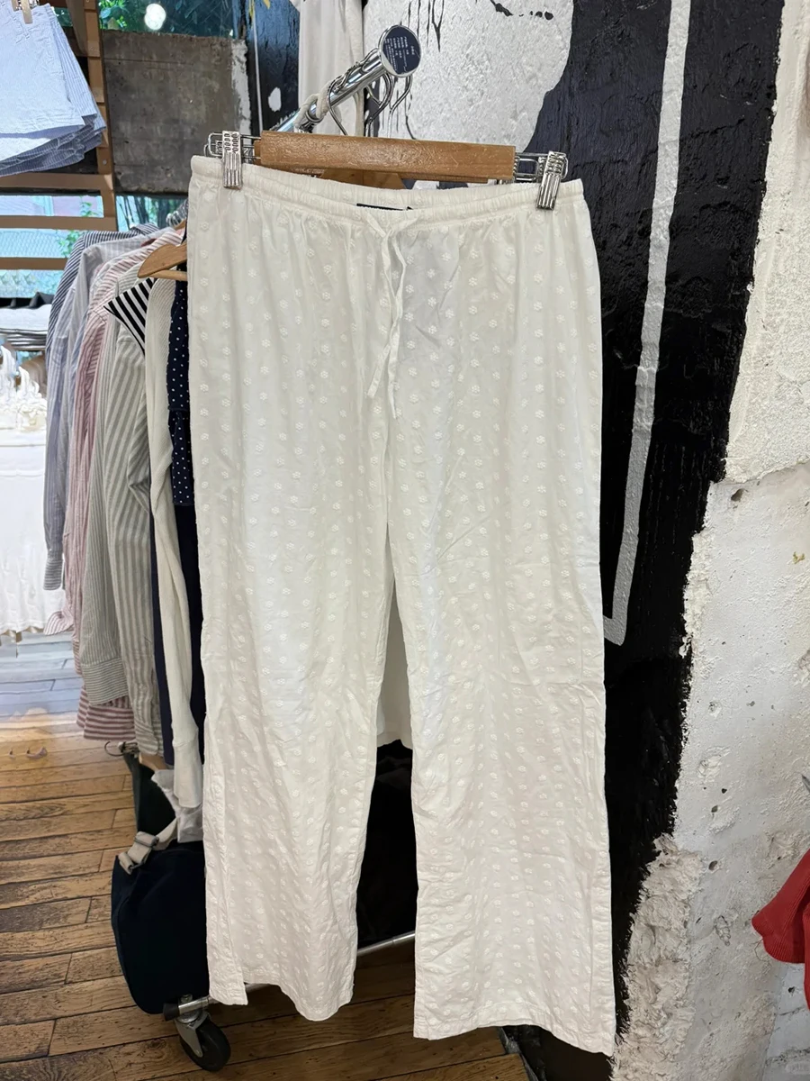 

Floral Embroidery White Straight Pants Woman New Drawstring Elastic Waist Wide Leg Pant Summer Casual Sweet Cotton Trousers Y2k