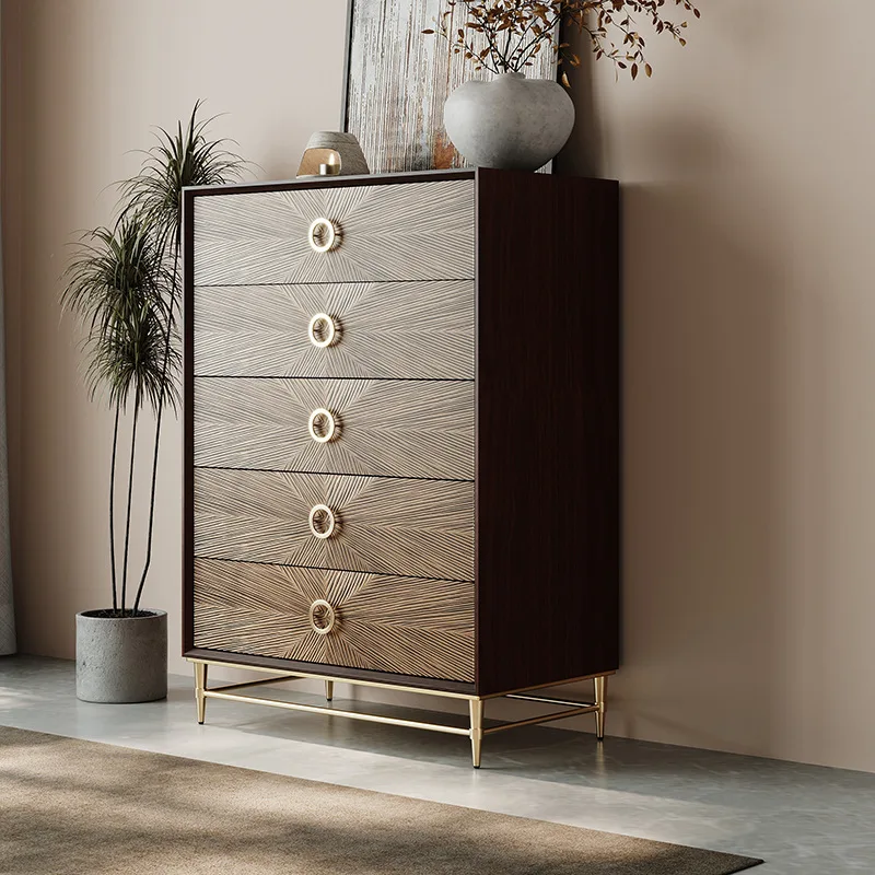Light luxury solid wood carved chest of drawers, high-end bedroom, bedside locker, modern living room storage side cabinet