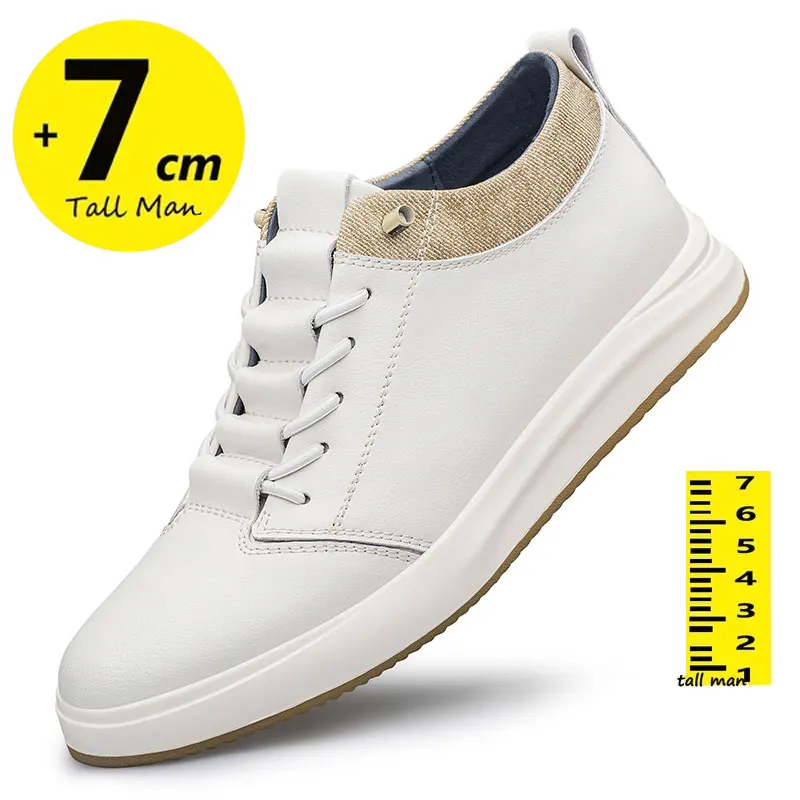 Zapatillas de cuero genuino de alta calidad para hombre, zapatos con elevador de altura, calzado informal de lujo de 7cm, color blanco