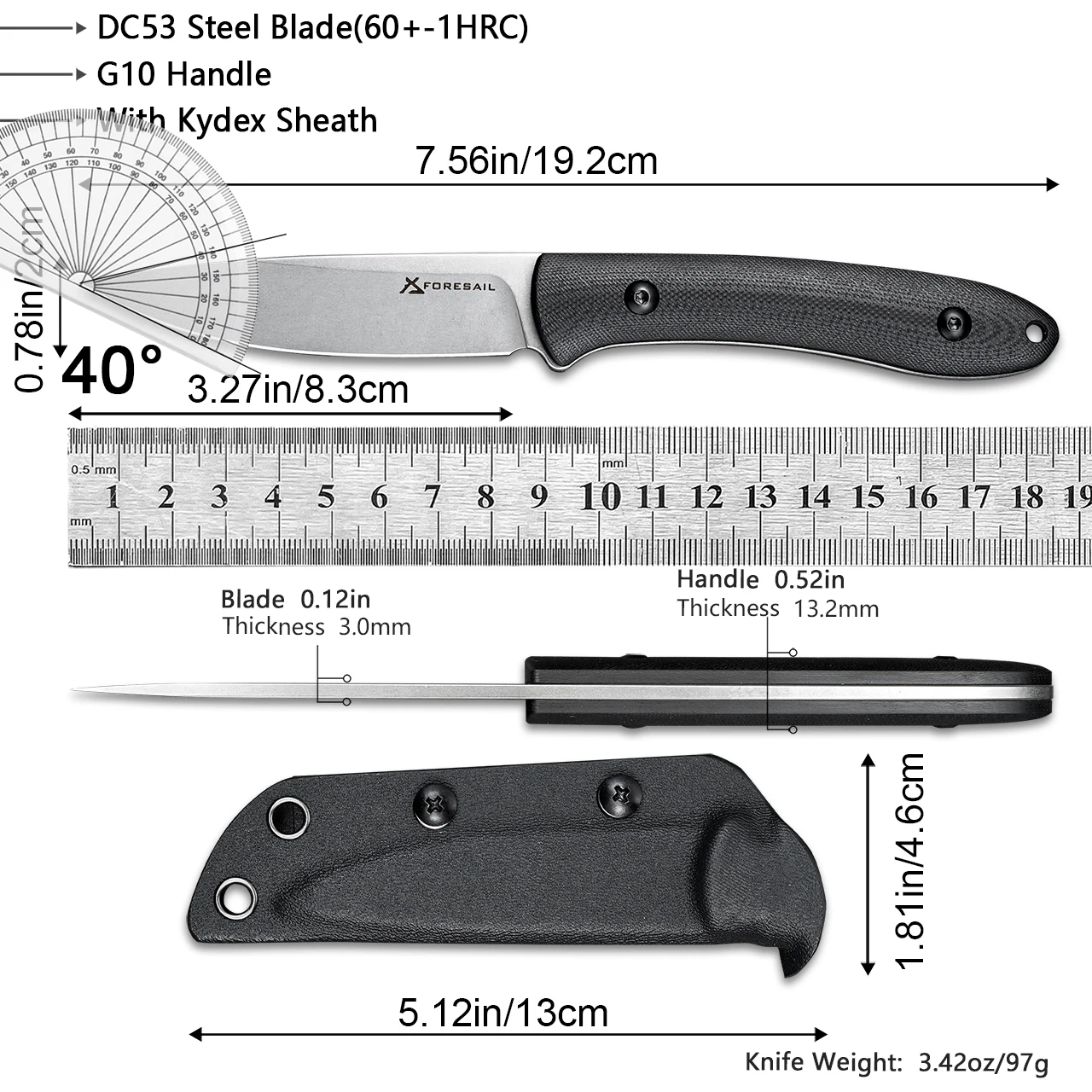 FORESAIL Fixed Blade Knife,Full Tang Design.DC53 Steel and G10 Handle,with Kydex Sheath,EDC Knife Outdoor Hiking Camping Knives.