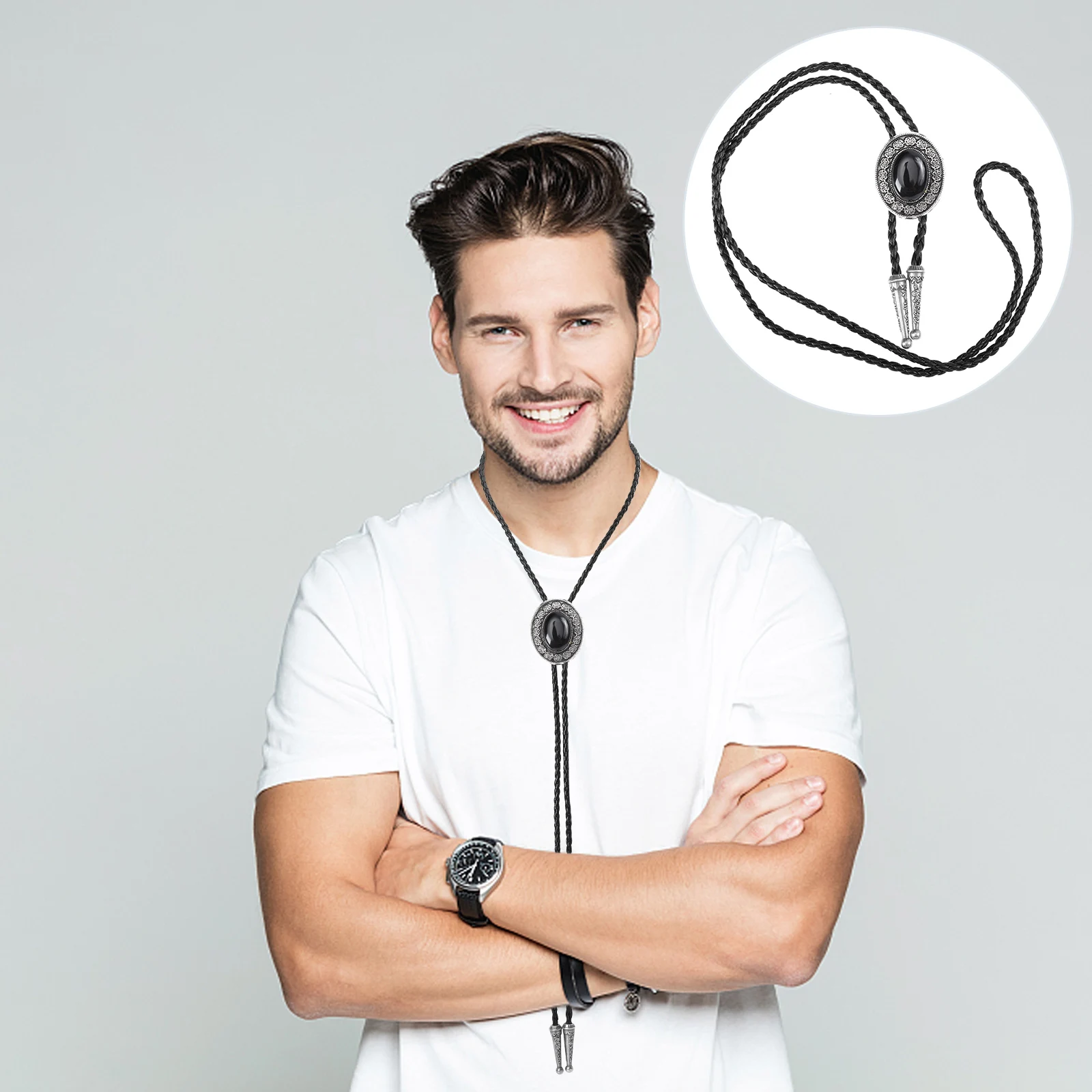 

Bolo Necklace for Men Shirt Neck Chain Decorative Agate Accessory Fashion Party Male Necktie Gift Durable Alloy