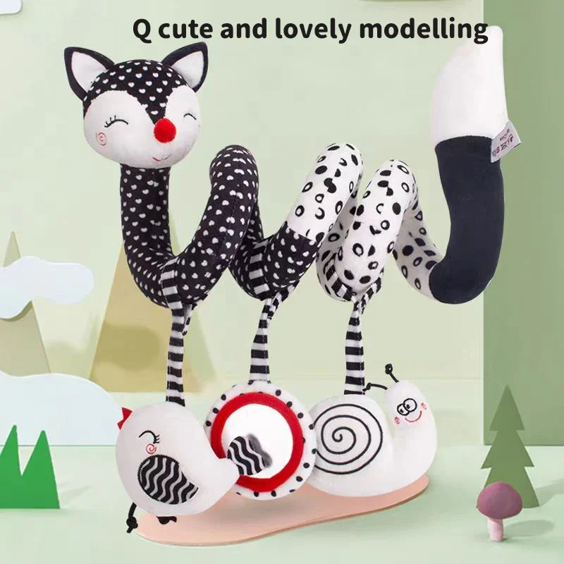 Autostoel Baby Spiraal Activiteit Hangend Speelgoed Pasgeboren Wieg Mobiele Muziek Schattig Pluche Vos Zwart Wit Zintuiglijk Speelgoed Reisactiviteit Speelgoed