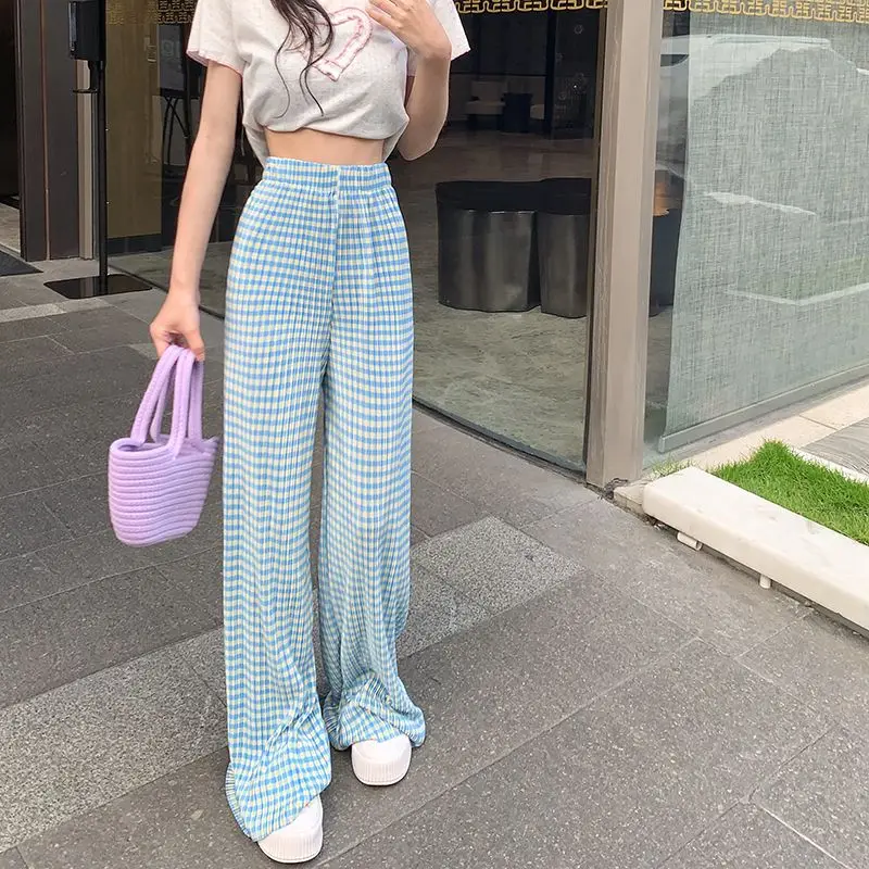 

Spring Summer New Elastic Waist Plaid Printing Wide Leg Trousers Women High Street Casual Loose High Waist Comfortable Pants