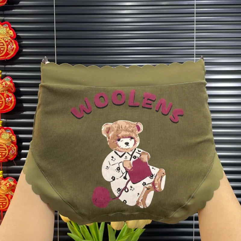 Large Size Cartoon Women Cute Underwear Breathable Comfortable Printed Soft No Trace Briefs Lace Trim Butt Covering Panties